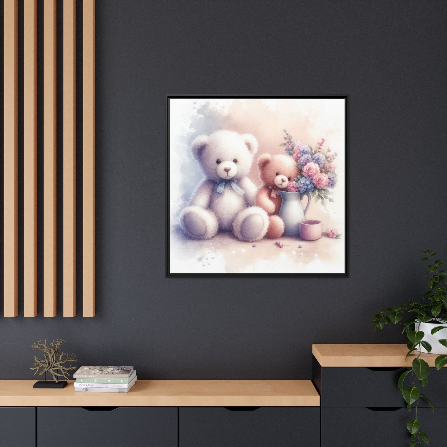 Whimsical Nursery Decor Pastel Floral Teddy Bear Design Wall Art Unique Sweet Baby Room Framed Canvas Print Unisex Baby Shower Gift