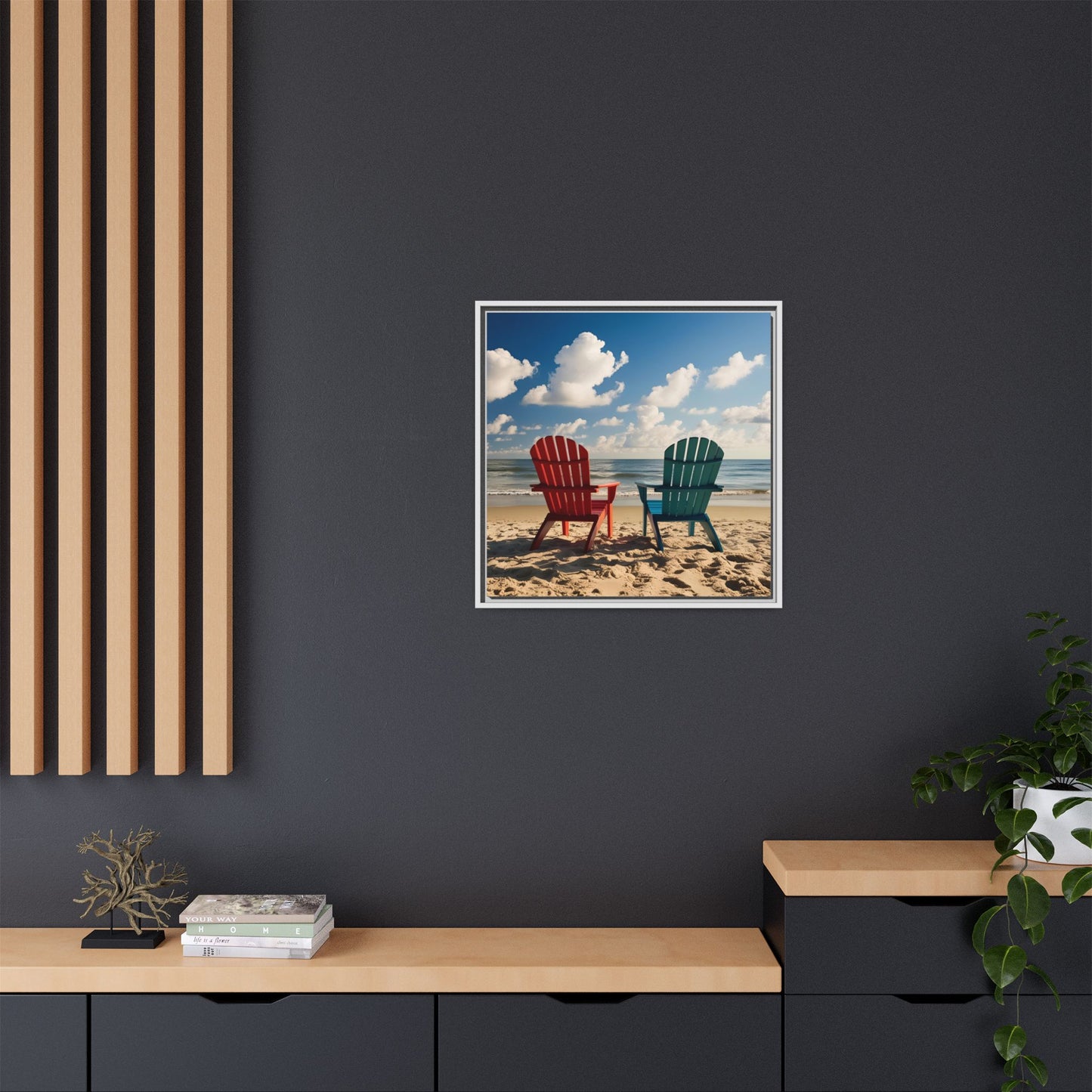 Chairs on the Beach Calm Sunny Day Framed Canvas Wall Art Beach Lover Vacation Oceanic Gift Nature Lover Peaceful Zen Gift 3 frame colors
