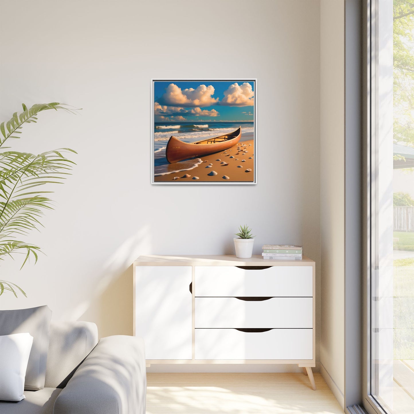 Canoe on the Beach Calm Sunny Day Framed Canvas Wall Art Beach Lover Vacation Oceanic Gift Nature Lover Peaceful Zen Gift 3 frame colors