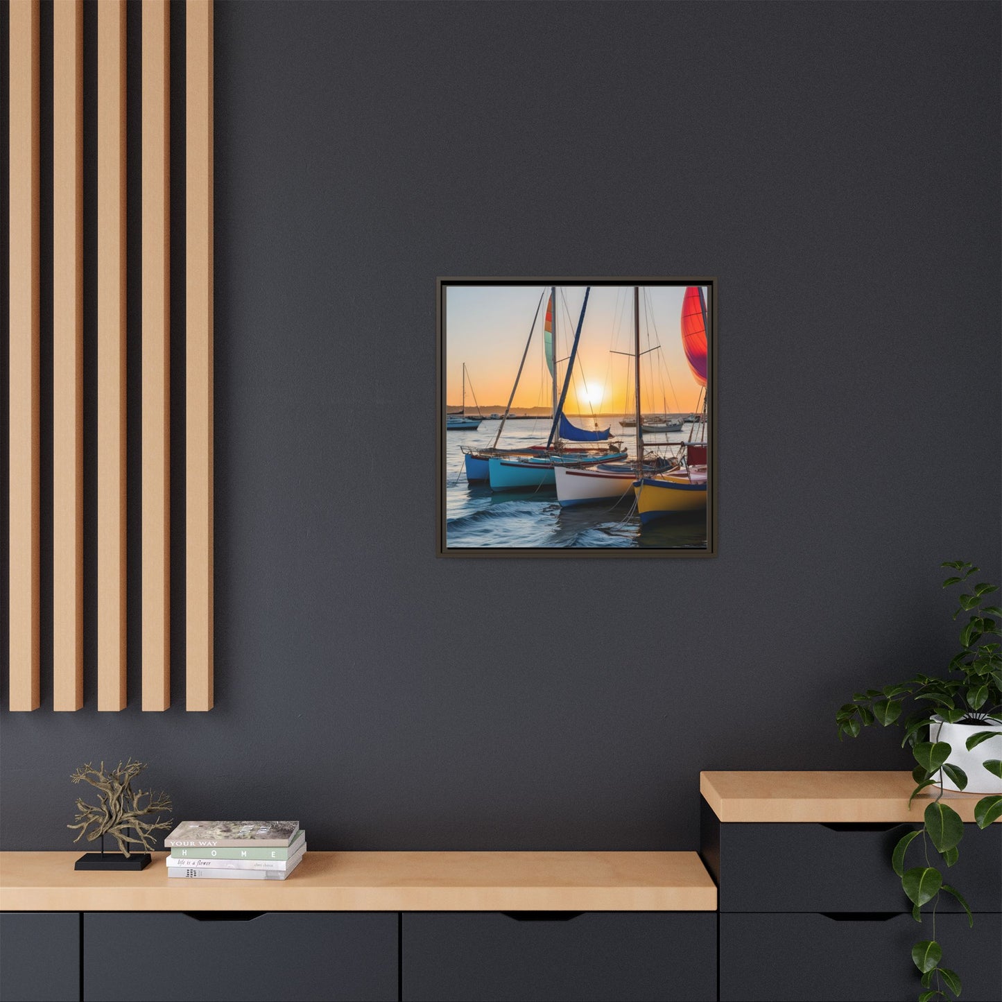 Sailboats at Sunset in Harbor Framed Canvas Wall Art Beach Lover Vacation Oceanic Gift Nature Lover Peaceful Zen Sunrise Art 3 frame colors