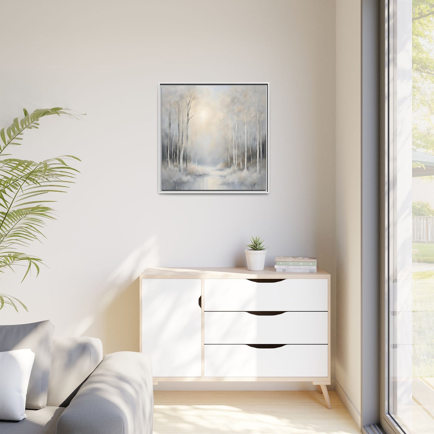 Modern Abstract White Forest Design Unique Framed Canvas Wall Art Ocean Beach Gift Nature Lover Gift 3 frame colors