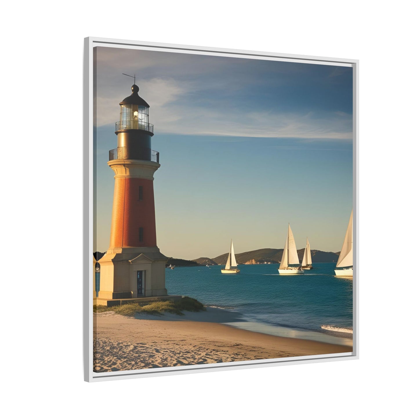 Lighthouse on the Beach Unique Framed Canvas Print Wall Art Nature Lover Gift Beachy Sailboats in the Ocean Vacation Decor 3 frame colors