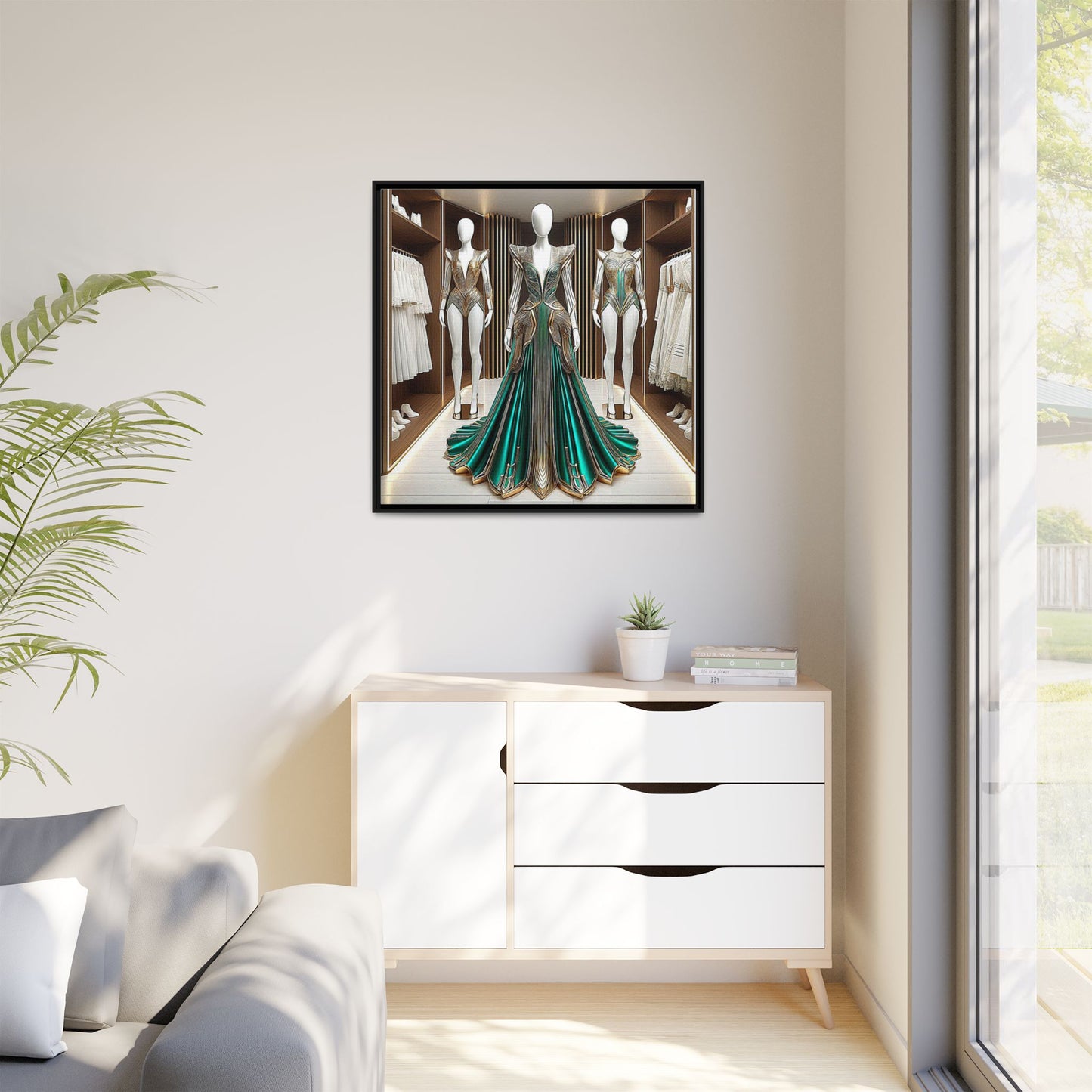 Futuristic Bodycon Runway Dress Framed Canvas Print Wall Art Unique Fashion Designer Style Haute Couture Fashionista Gift 3 Frame Colors