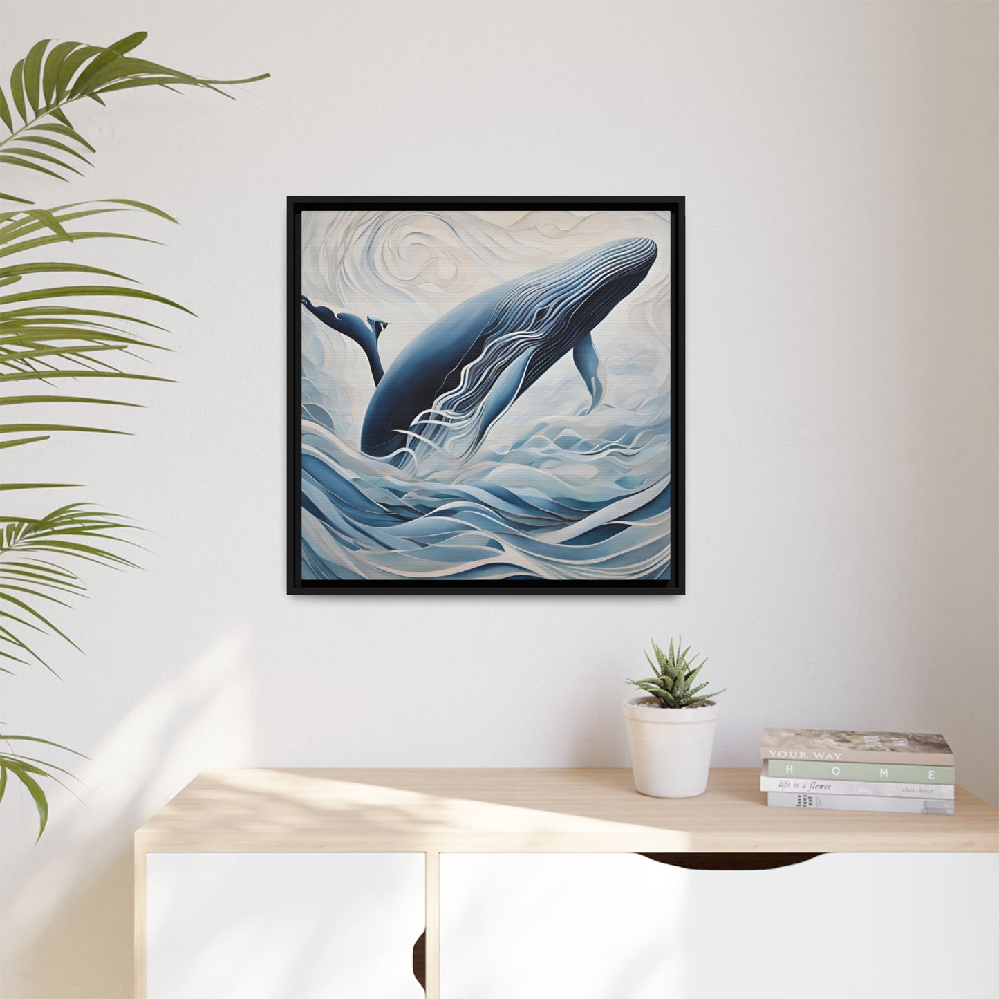 Modern Abstract Whale Wave Design Unique Framed Canvas Wall Art Ocean Beach Gift Nature Lover Gift Underwater Sea Lover Gift 3 frame colors