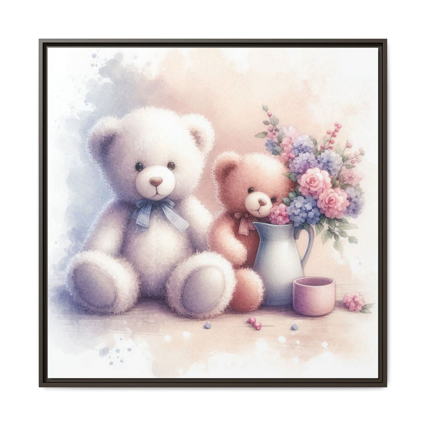 Whimsical Nursery Decor Pastel Floral Teddy Bear Design Wall Art Unique Sweet Baby Room Framed Canvas Print Unisex Baby Shower Gift