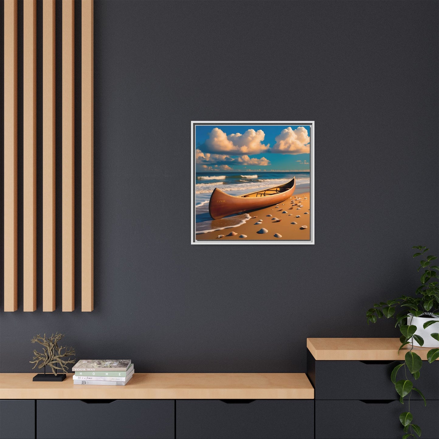 Canoe on the Beach Calm Sunny Day Framed Canvas Wall Art Beach Lover Vacation Oceanic Gift Nature Lover Peaceful Zen Gift 3 frame colors