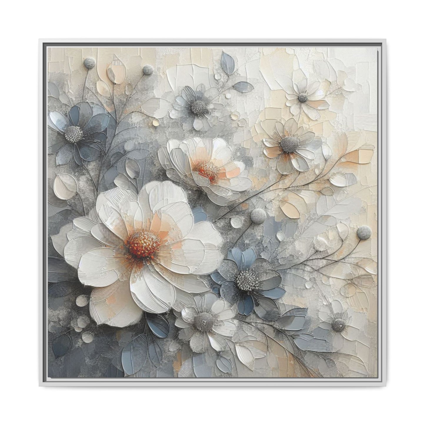 Modern Grey and White Floral Design Unique Framed Canvas Wall Art Flower Lover Gift Nature Lover Gift 3 frame colors