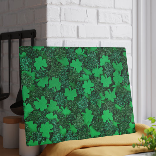 Kitchen Decor Glass Cutting Board Serving Tray with Green Clover Design Cutting Board Gift for Home Cook Charcuterie Board