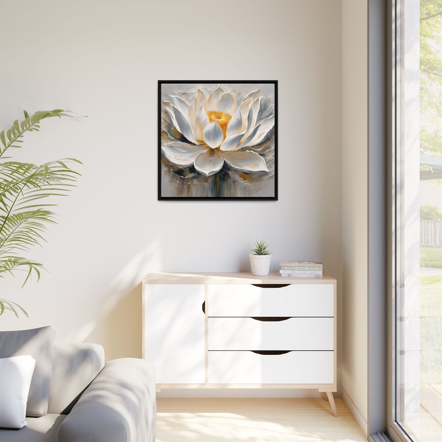 Modern Abstract Floral Design Unique Framed Canvas Wall Art White Lotus Gift Nature Lover Gift Garden Lover Gift 3 frame colors
