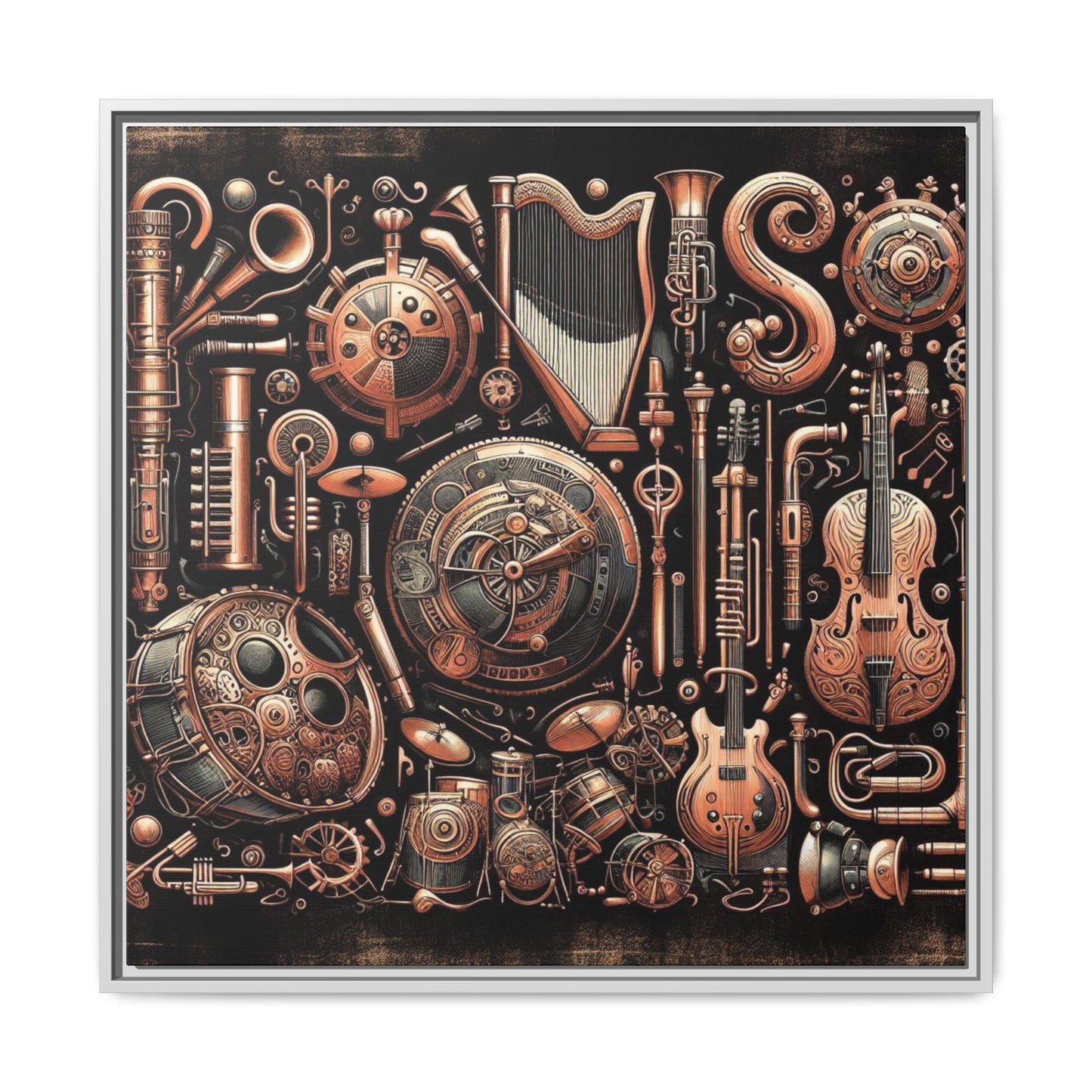 Modern Music-Themed Steampunk Style Print Abstract Design Unique Framed Canvas Print Wall Art Music Lover Gift Decor 3 frame colors
