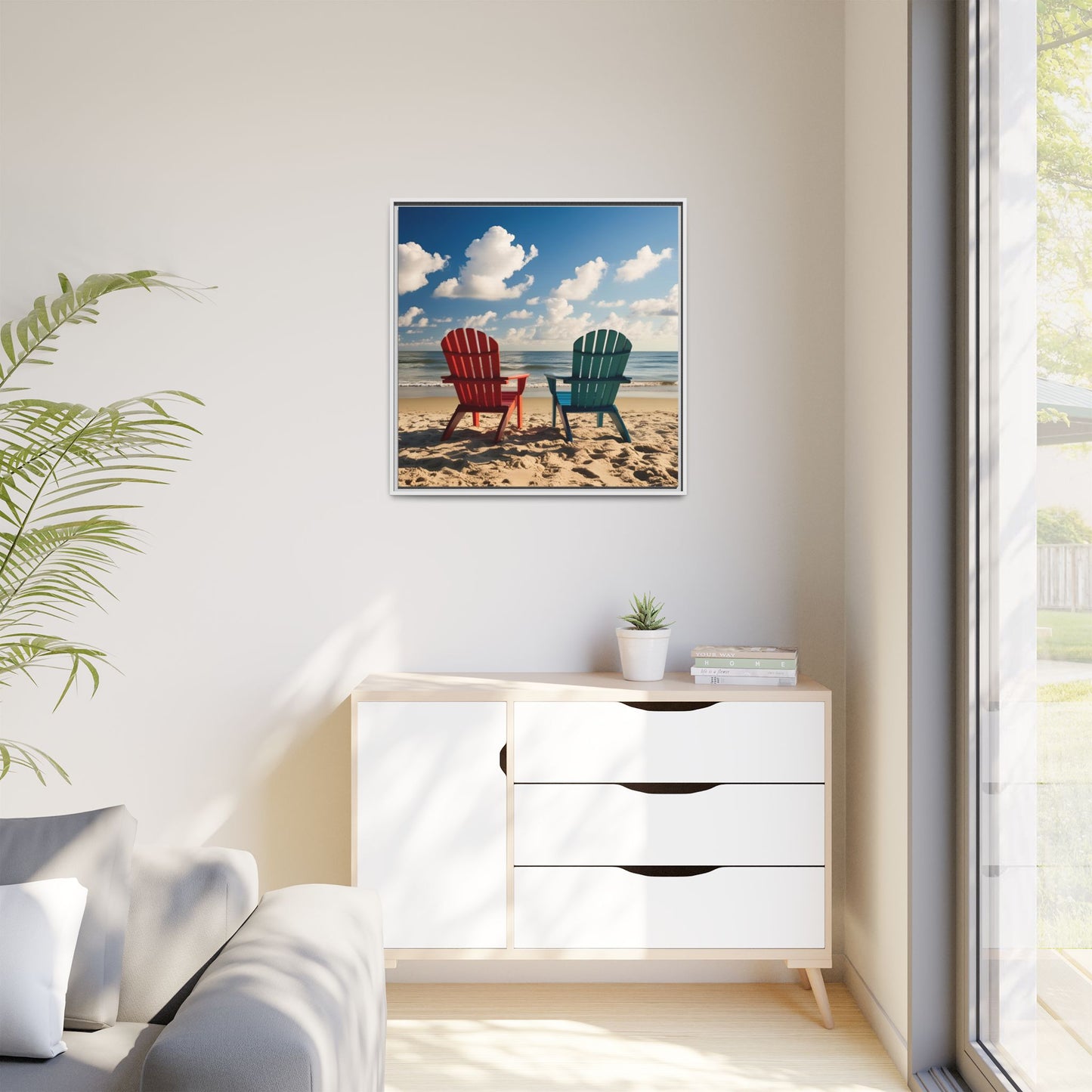 Chairs on the Beach Calm Sunny Day Framed Canvas Wall Art Beach Lover Vacation Oceanic Gift Nature Lover Peaceful Zen Gift 3 frame colors