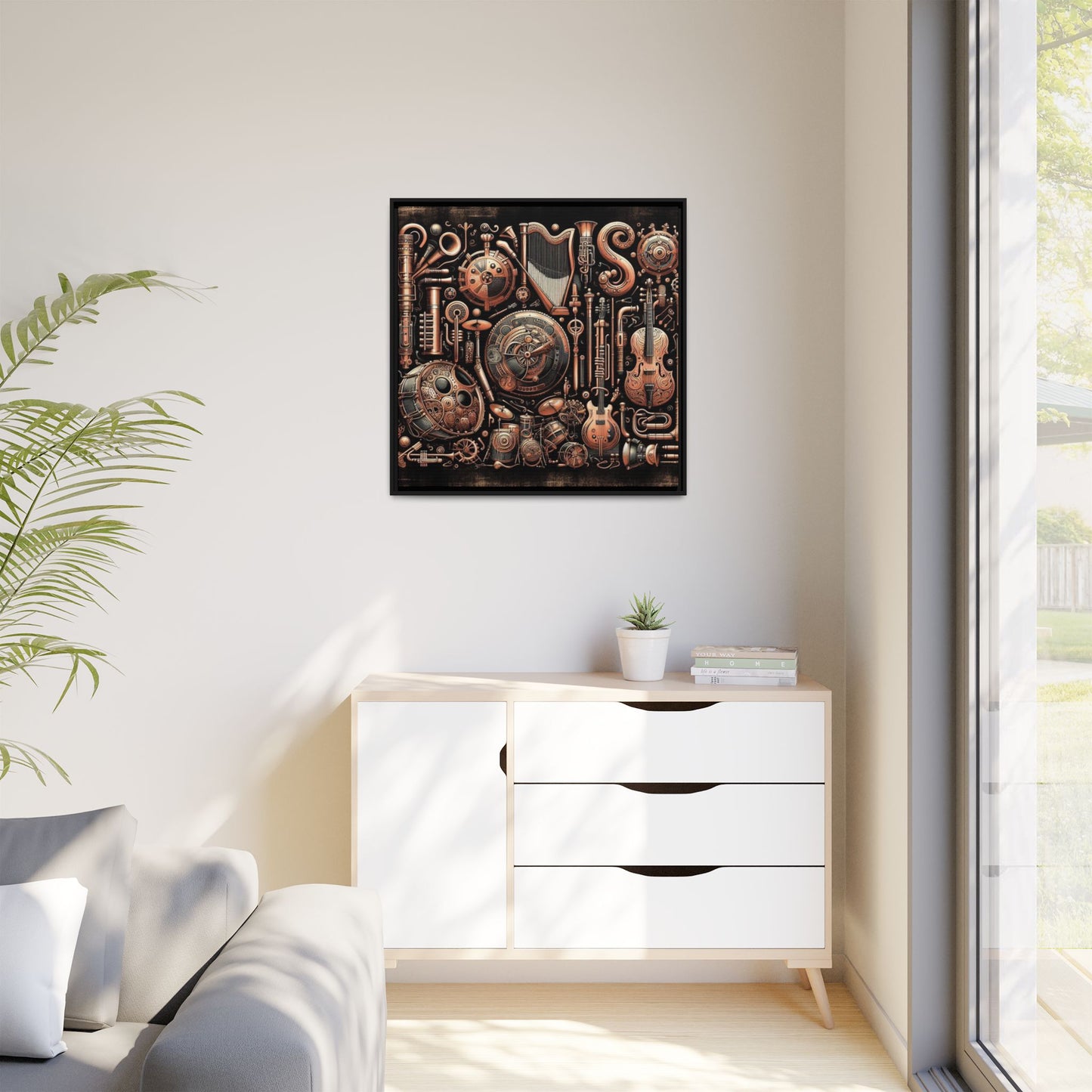 Modern Music-Themed Steampunk Style Print Abstract Design Unique Framed Canvas Print Wall Art Music Lover Gift Decor 3 frame colors