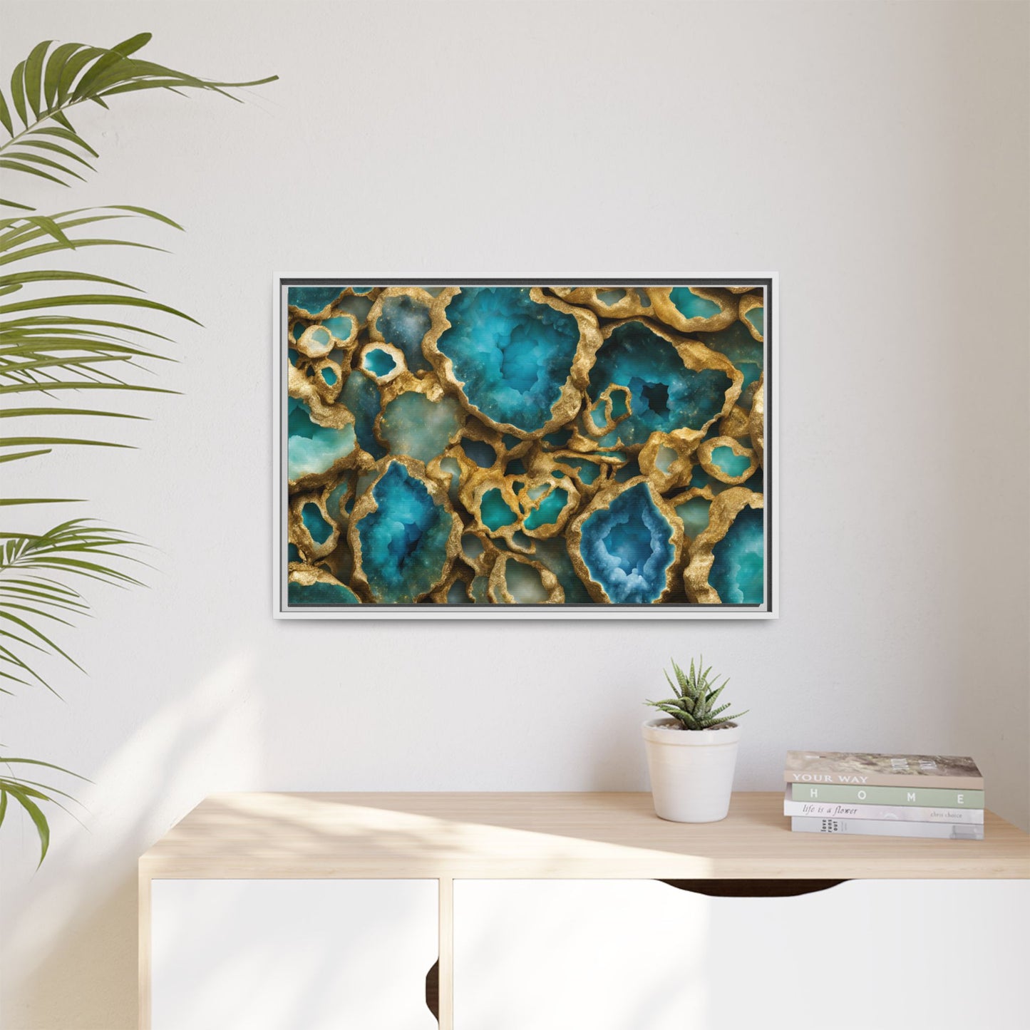 Blue, Green and Gold Quartz Crystal Geode Design Print Matte Canvas Wall Art Nature Lover Gift Geology Rock Lover Gift 3 frame color choices