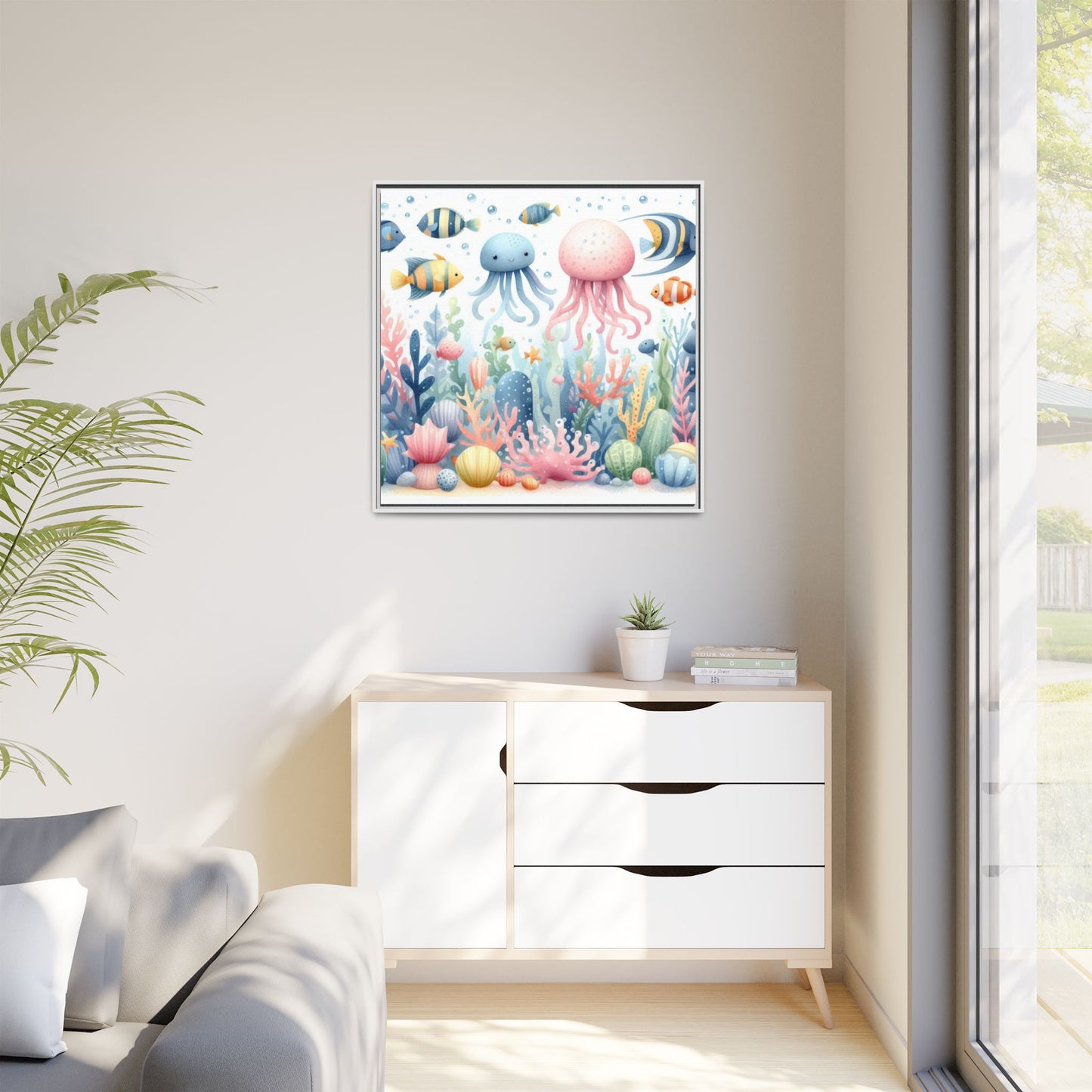 Whimsical Nursery Decor Pastel Underwater Design Unique Sweet Baby Room Framed Canvas Ocean Fish Print Unisex Baby Shower Octopus Gift