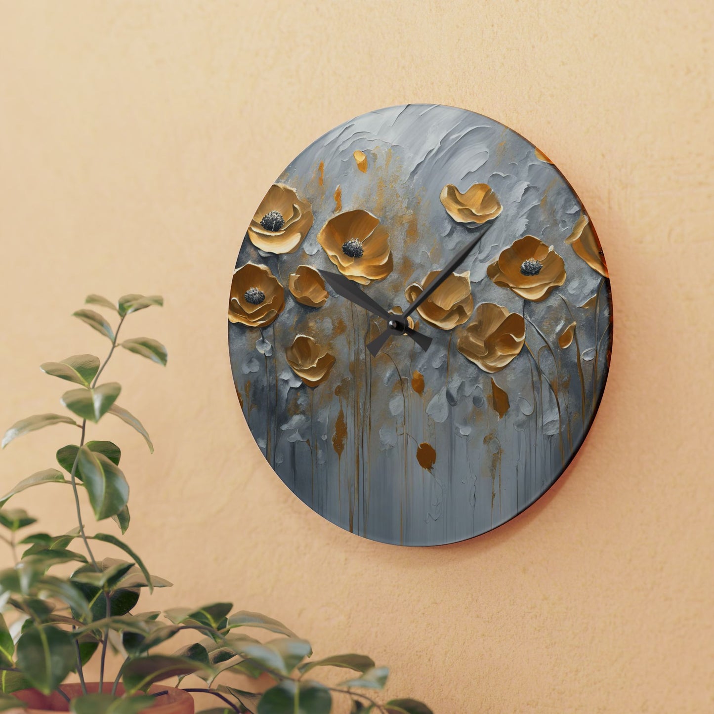 Floral Design Acrylic Clock Unique Colorful Wall Clock for Kitchen or Living Room Nature Lover Field of Flowers Gardener Gift