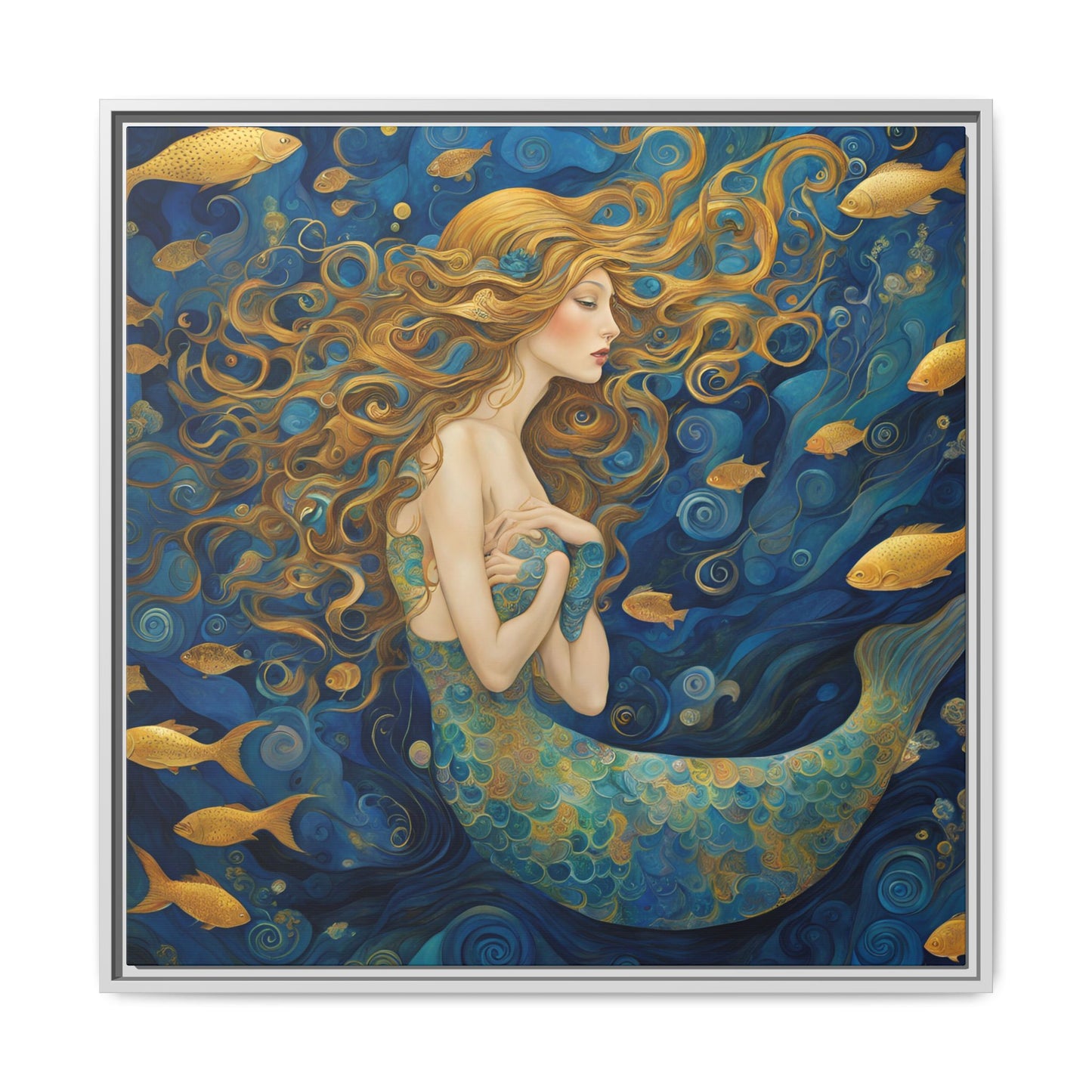 Modern Abstract Mermaid Design Unique Framed Canvas Oceanic Wall Art Underwater Gold Fish Anime Gift Nature Lover Gift 3 frame colors