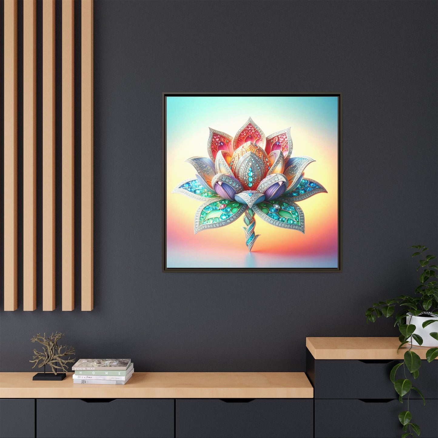 Bejeweled Lotus Blossom Framed Canvas Print Wall Art Unique Fashion Haute Couture Fashionista Flower Lover Gift Decor 3 Frame Colors