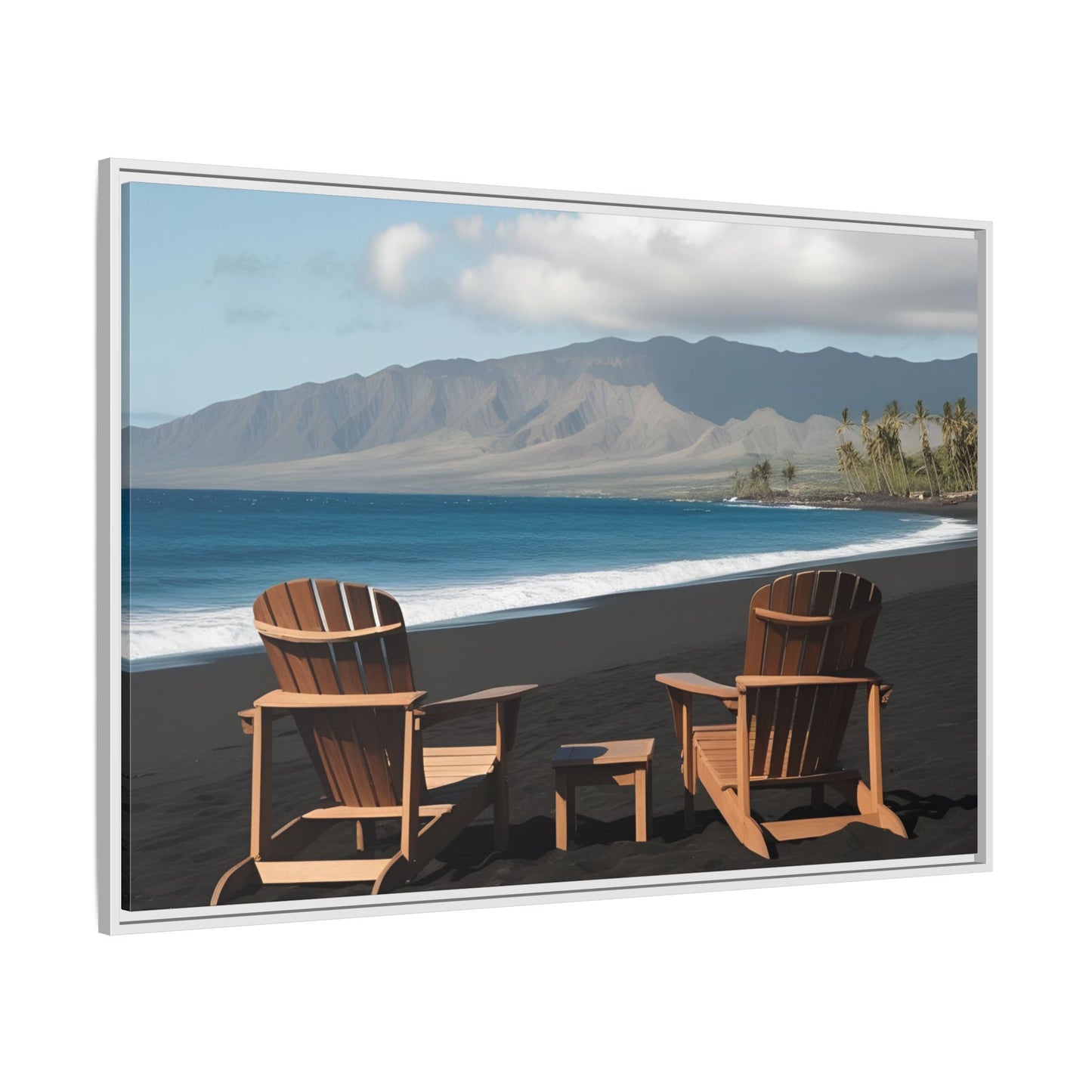 Chairs on the Maui Black Sand Beach Print Unique Framed Canvas Print Wall Art Gift Beachy Nature Lover Ocean Waves Decor 3 frame colors