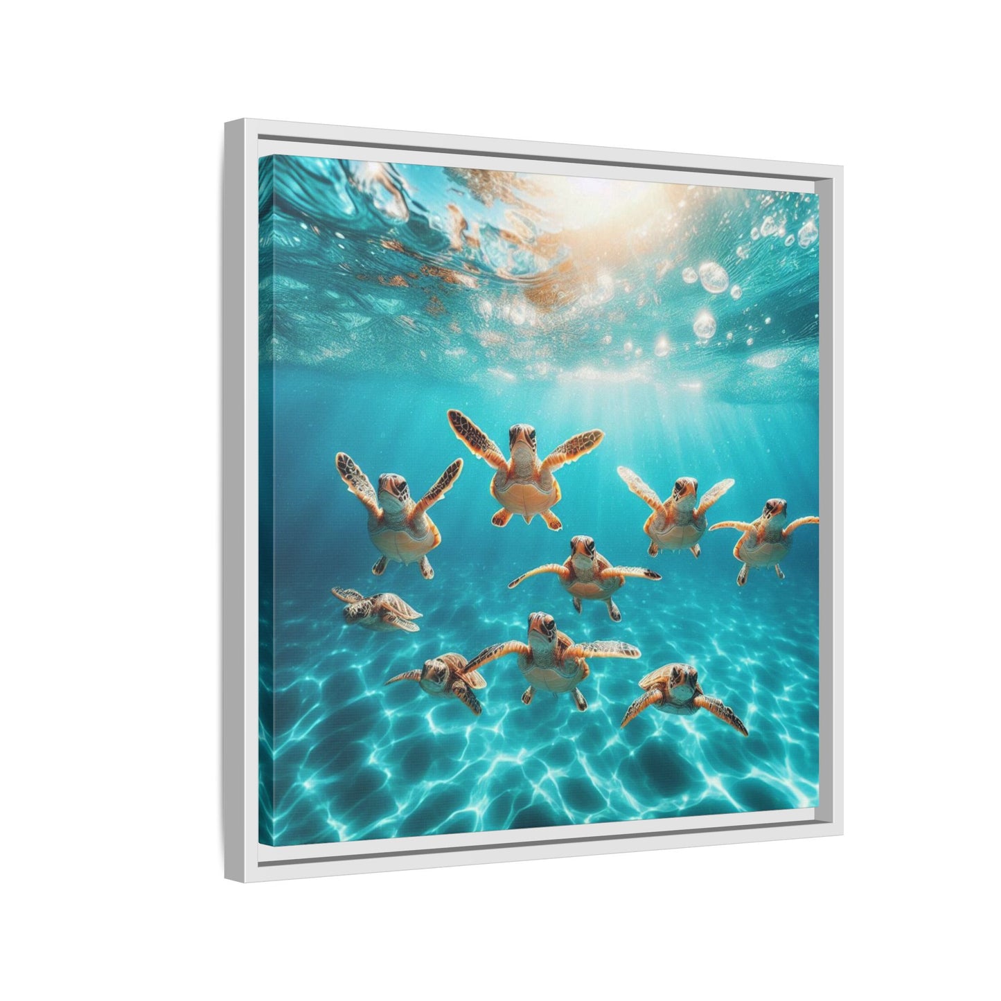 Baby Sea Turtles Out for a Swim Framed Canvas Wall Art Beach Lover Vacation Oceanic Gift Nature Lover Peaceful Zen Gift 3 frame colors