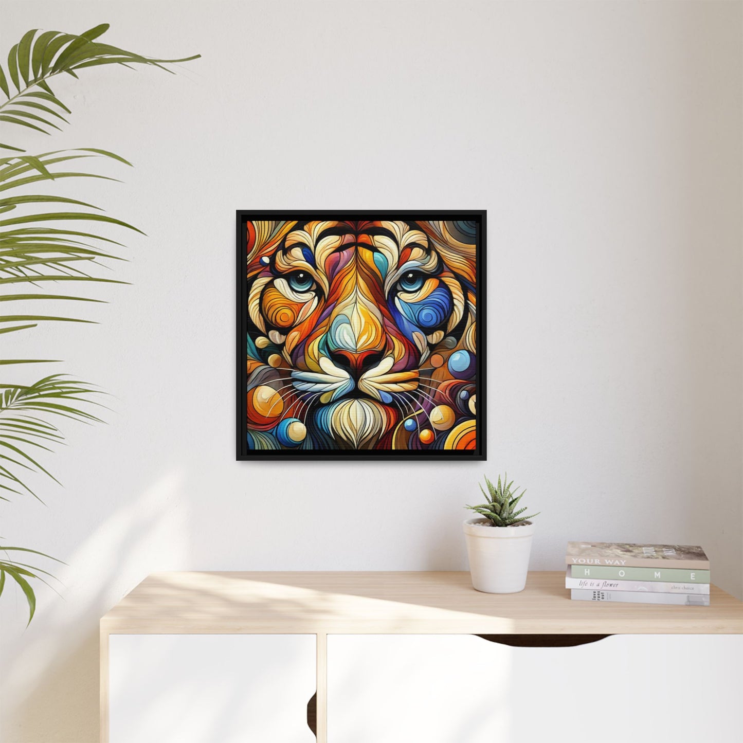 Modern Lion Face Print Abstract Design Unique Framed Canvas Print King of Jungle Wall Art Animal Lover Nature Lover Decor 3 frame colors