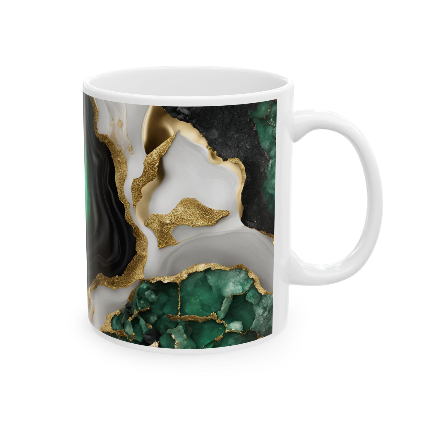 Black, White, Emerald Green and Gold Crystal Geode Design Coffee Tea Mug Boho Gemologist Gift Nature Lover Marble Rock Agate Geology Gift