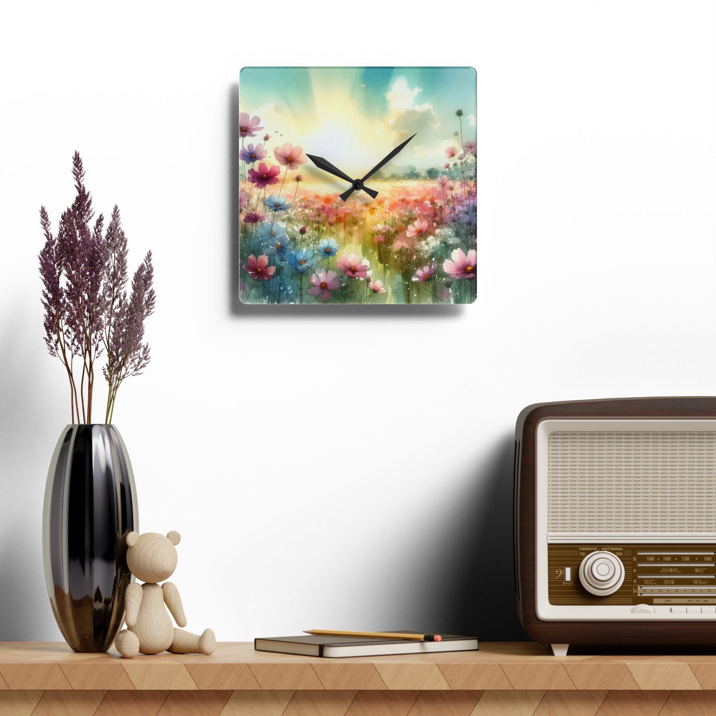 Pastel Floral Design Acrylic Clock Unique Colorful Wall Clock for Kitchen or Living Room Nature Lover Field of Flowers Gardener Gift