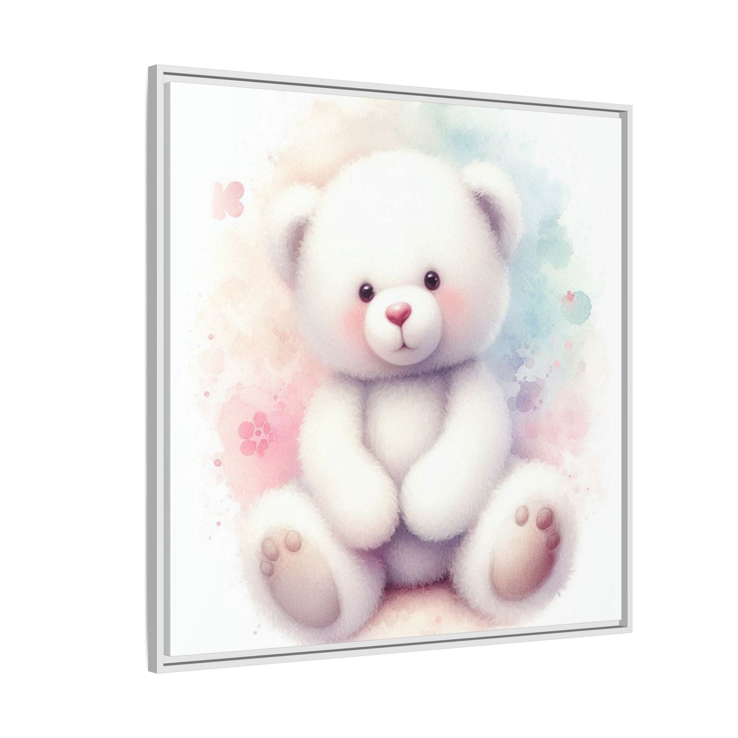 Whimsical Nursery Decor Pastel Floral Teddy Bear Design Wall Art Unique Sweet Baby Room Framed Canvas Print Unisex Baby Shower Gift