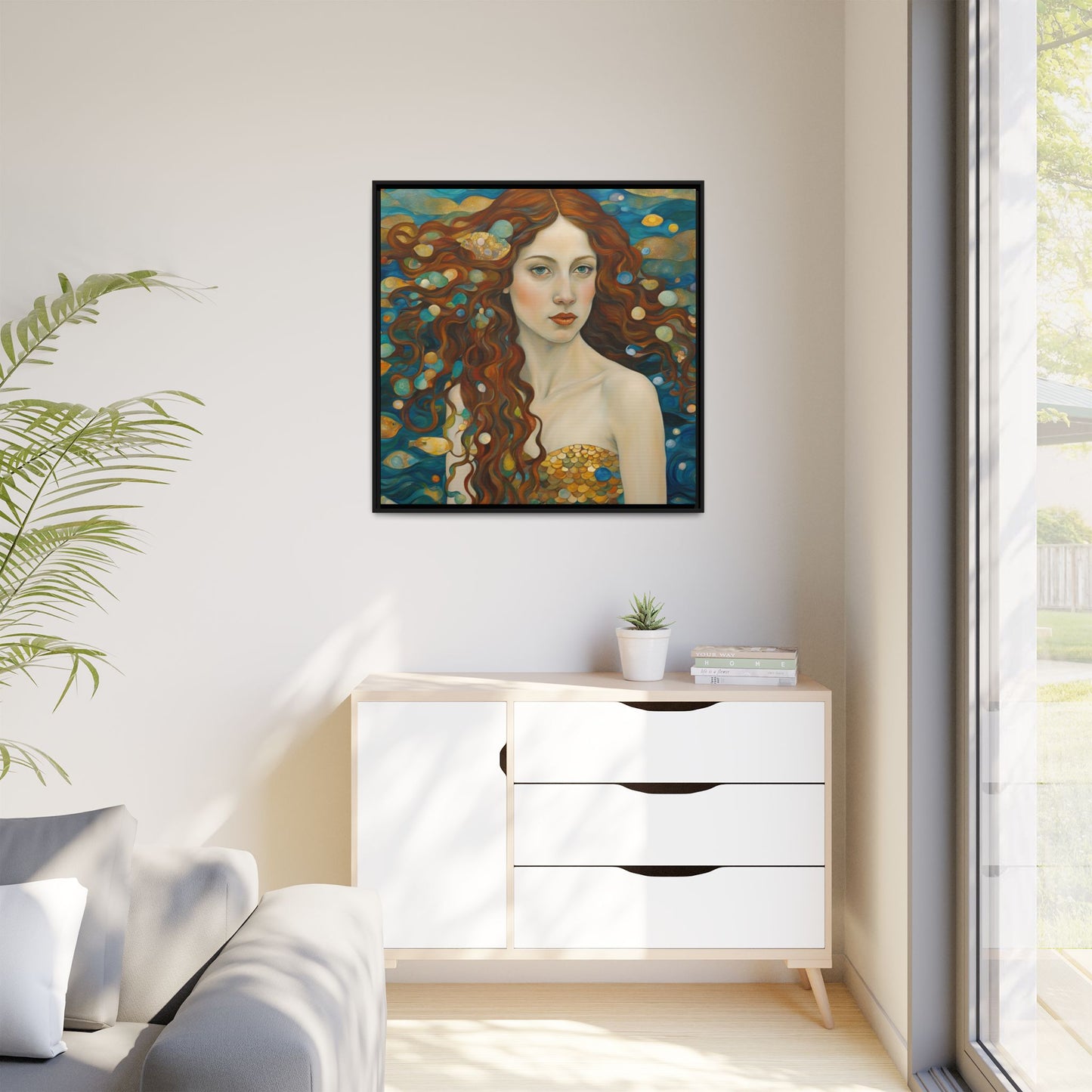 Modern Abstract Mermaid Design Unique Framed Canvas Oceanic Wall Art Underwater Gold Fish Anime Gift Nature Lover Gift 3 frame colors