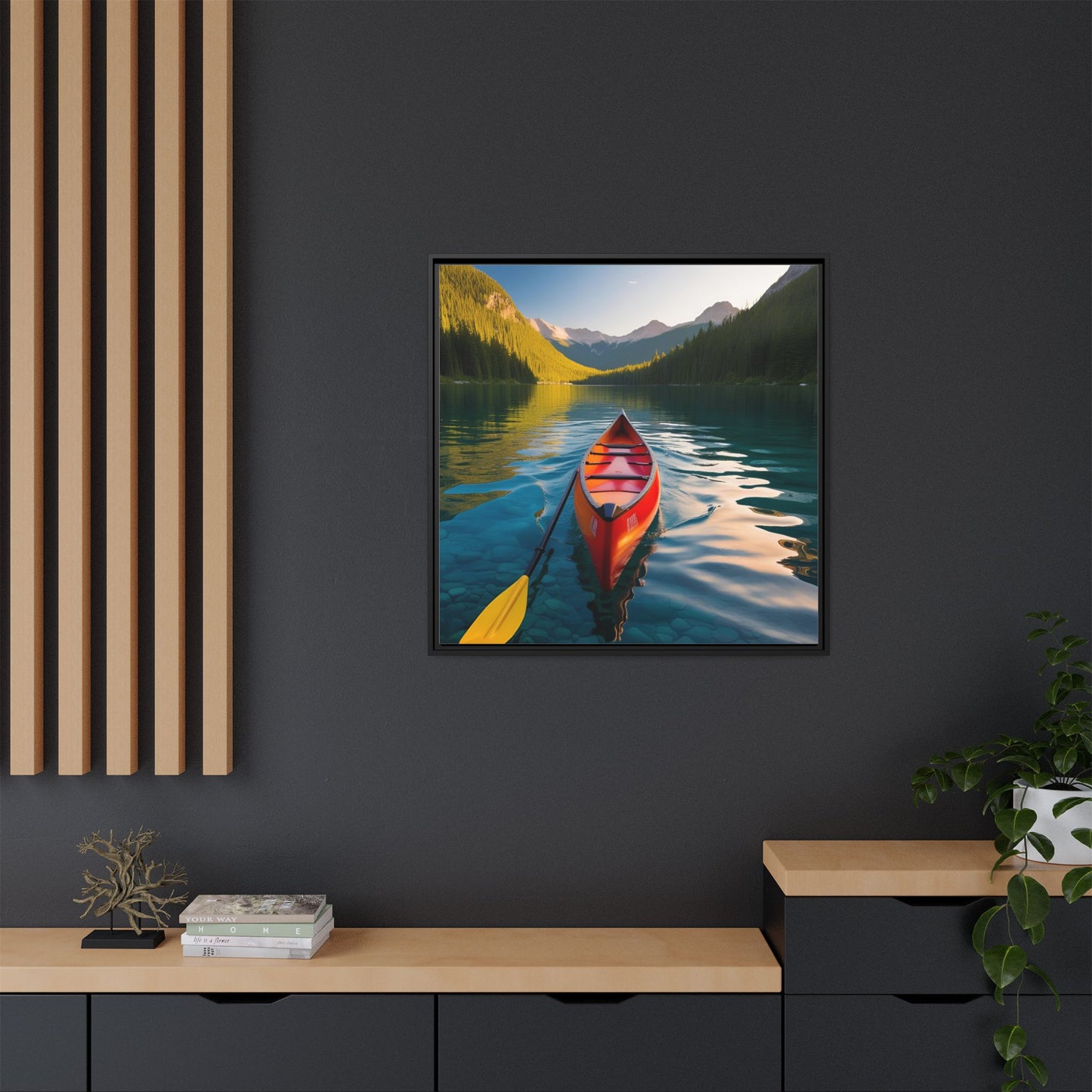 Canoe in the River Framed Canvas Wall Art Mountain Lover Outdoorsman Vacation Kayak Gift Nature Lover Peaceful Zen Gift 3 frame colors