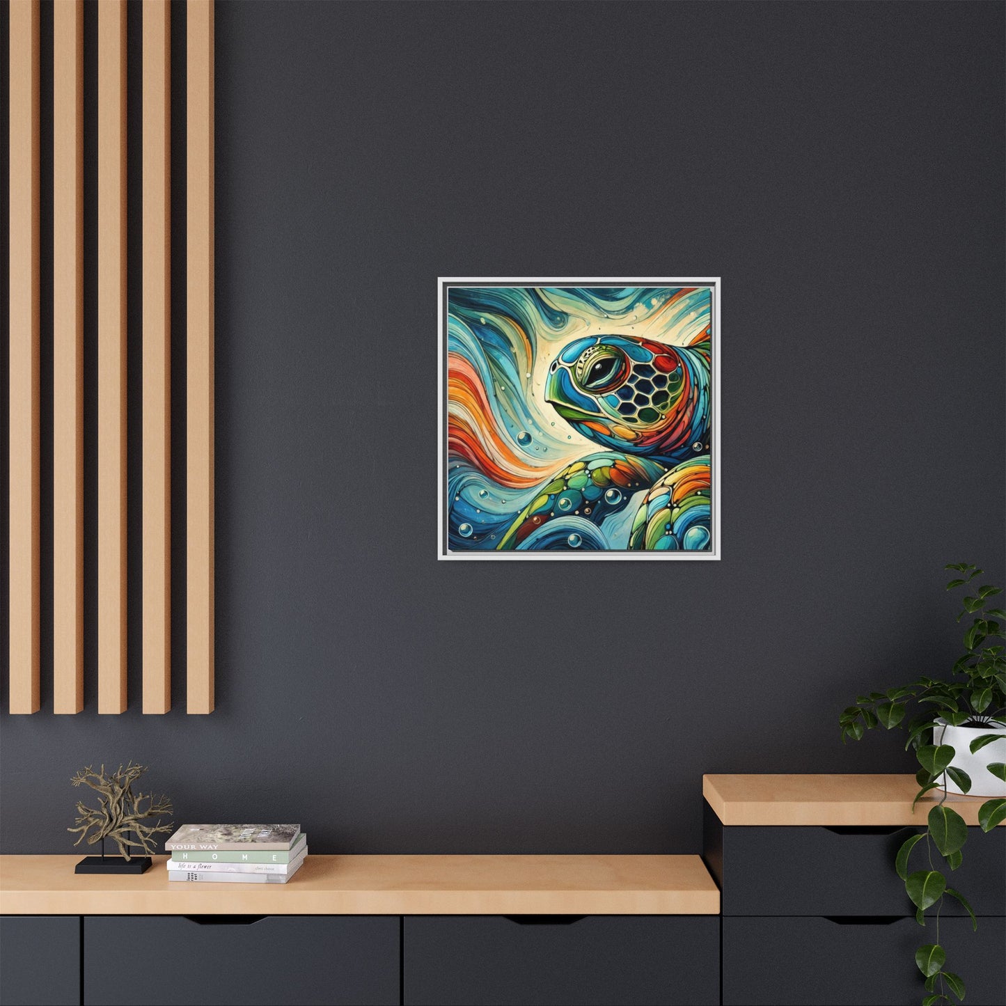 Modern Sea Turtle Print Abstract Design Unique Framed Canvas Print Oceanic Wall Art Animal Lover Gift Nature Lover Decor 3 frame colors
