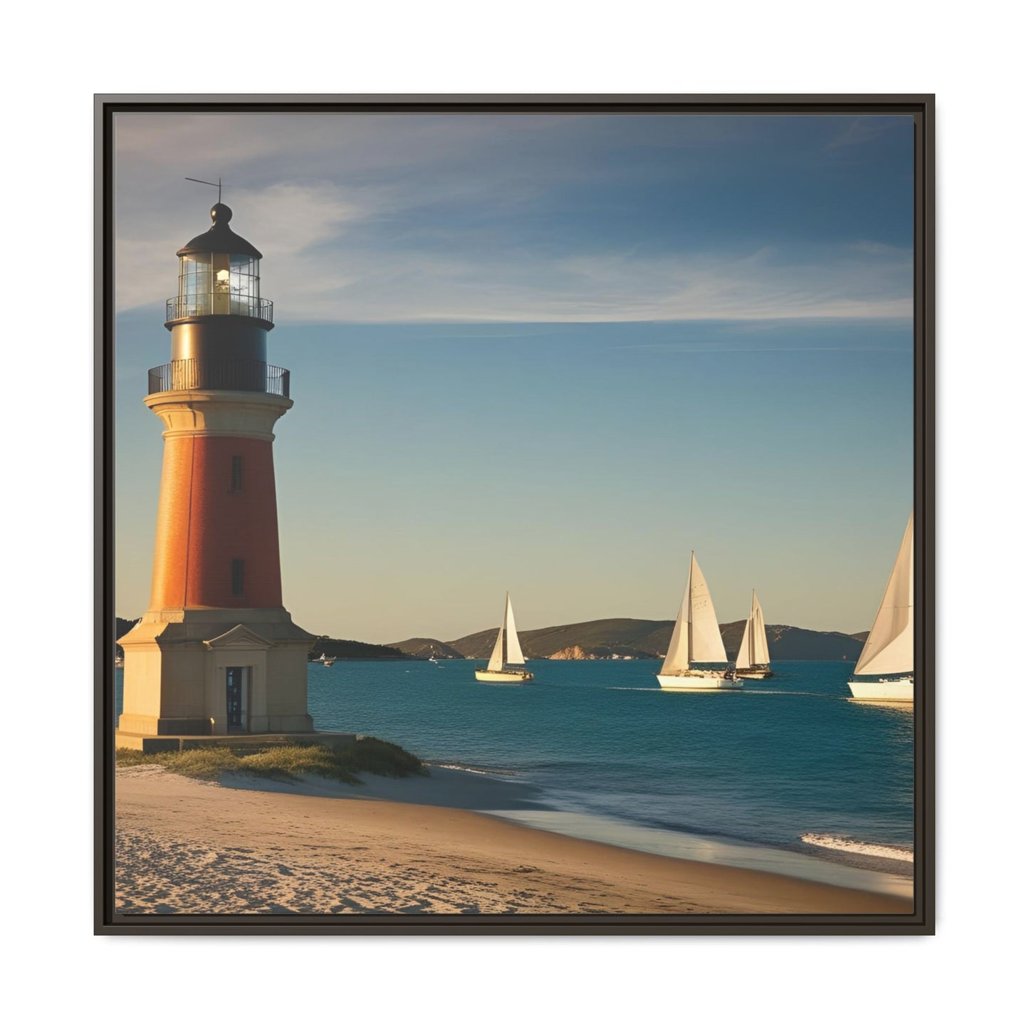 Lighthouse on the Beach Unique Framed Canvas Print Wall Art Nature Lover Gift Beachy Sailboats in the Ocean Vacation Decor 3 frame colors