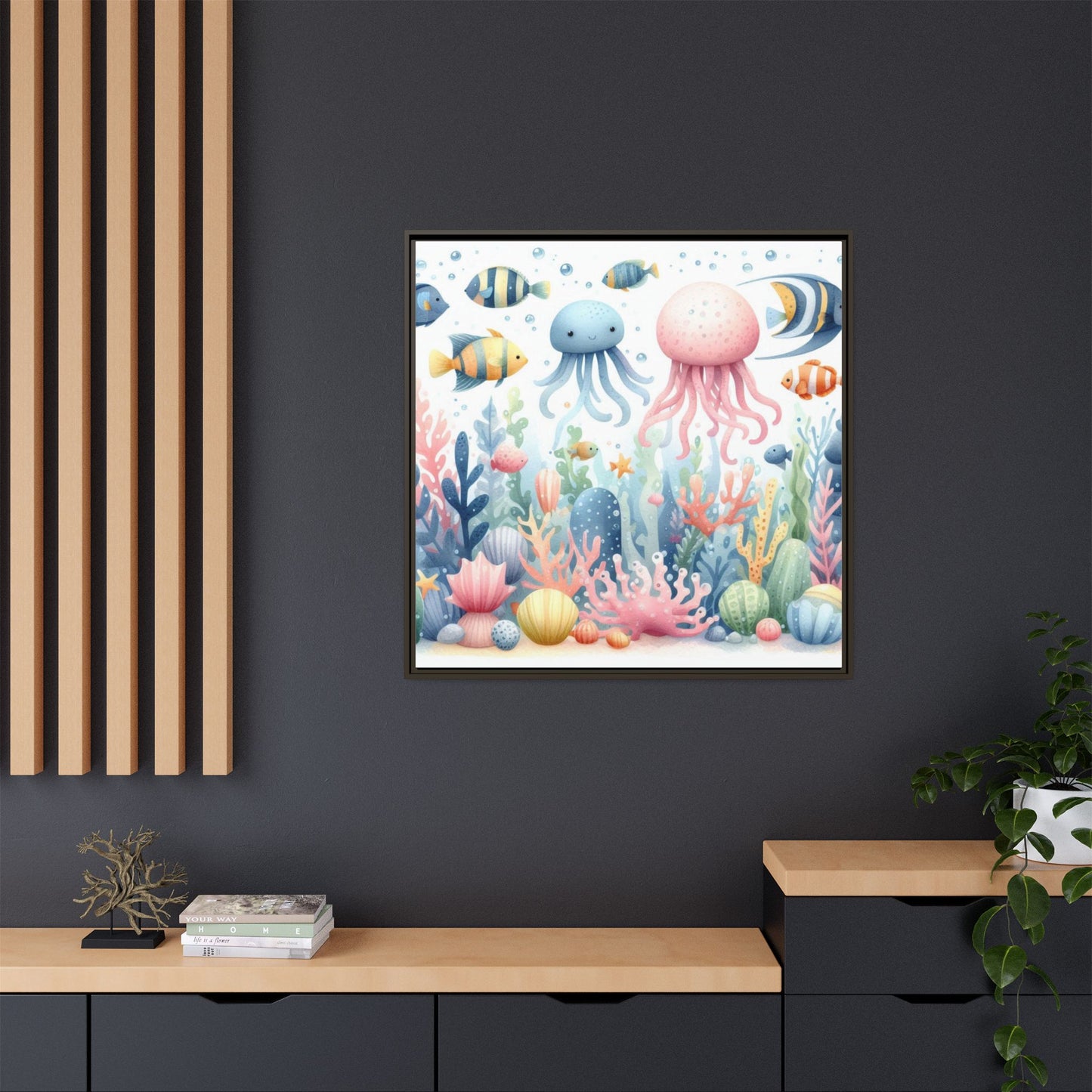 Whimsical Nursery Decor Pastel Underwater Design Unique Sweet Baby Room Framed Canvas Ocean Fish Print Unisex Baby Shower Octopus Gift