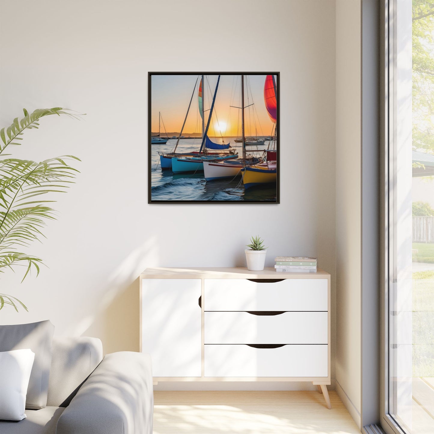 Sailboats at Sunset in Harbor Framed Canvas Wall Art Beach Lover Vacation Oceanic Gift Nature Lover Peaceful Zen Sunrise Art 3 frame colors