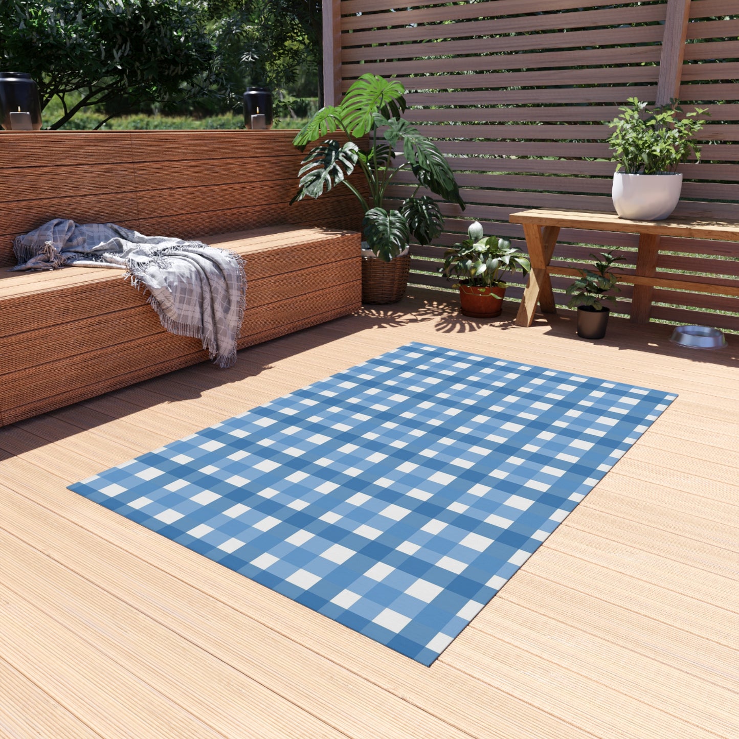 Checker Pattern Chenille Outdoor Rug with No-Skid Backing Cozy Outdoor Carpet Patio Decor Gazebo Rug Pool Area Decor Outdoor Kitchen Carpet