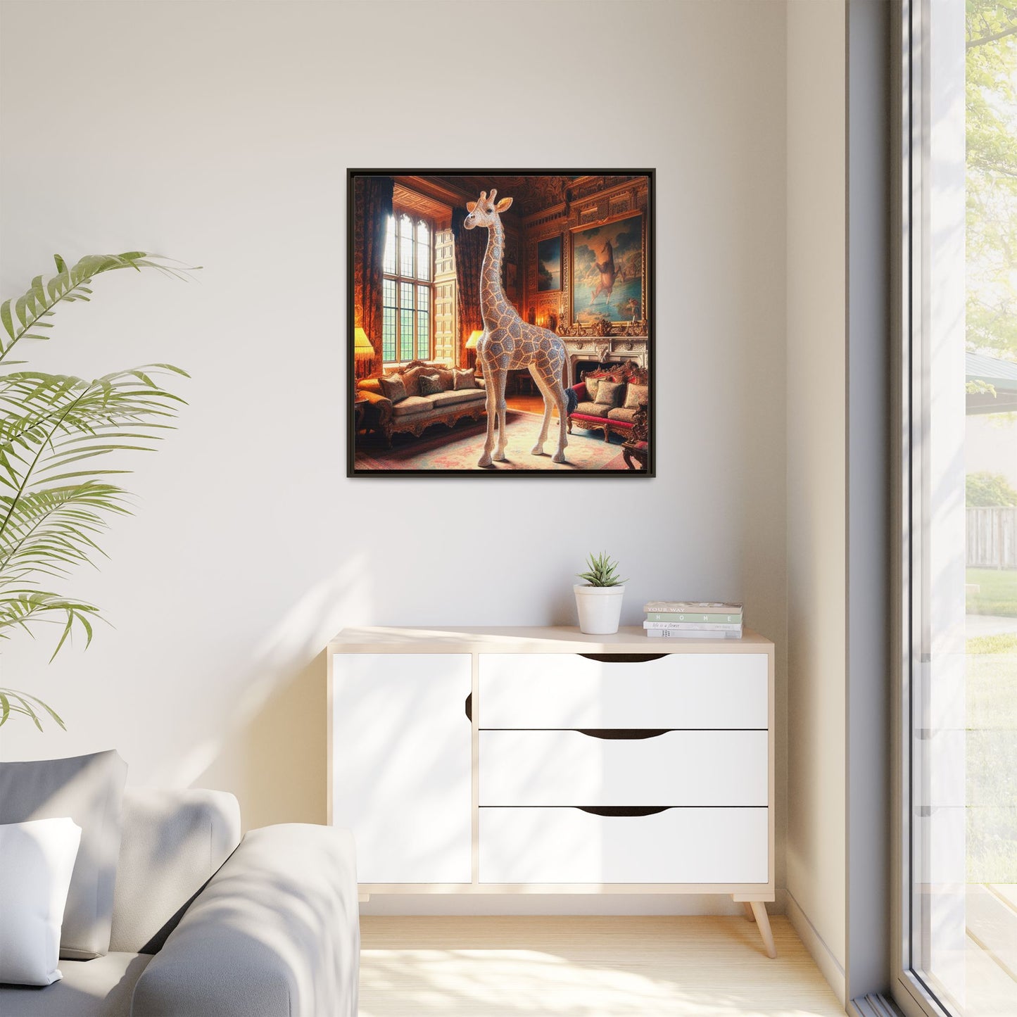Bejeweled Giraffe Framed Canvas Print Wall Art Unique Fashion Designer Haute Couture Fashionista Animal Lover Gift Decor 3 Frame Colors