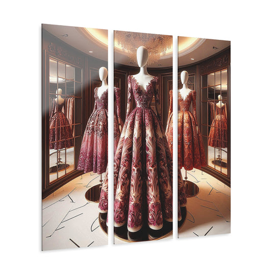 Fashion Formal Runway Damask Dress Design Triptych 3-Panel Acrylic Print Wall Art Unique Haute Couture Fashionista Vintage Style Decor