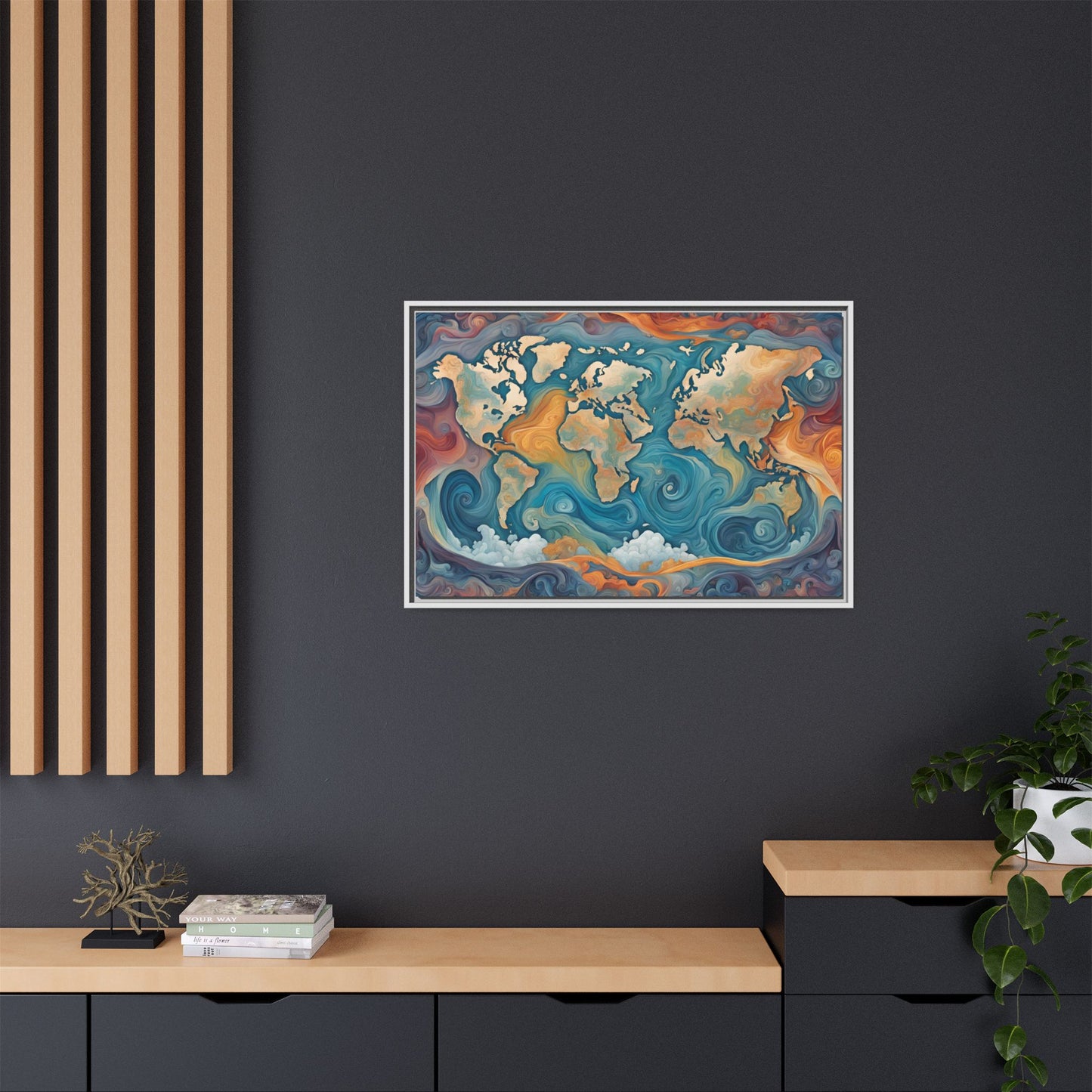 Modern Swirl Art Style Colorful Global World Map Print Matte Canvas Wall Art 3 frame colors to choose from