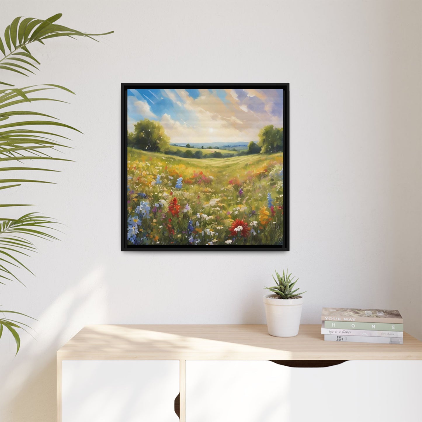 Modern Filed of Flowers Design Unique Framed Canvas Wall Art Gift Nature Lover Landscape Decor Gift 3 frame colors