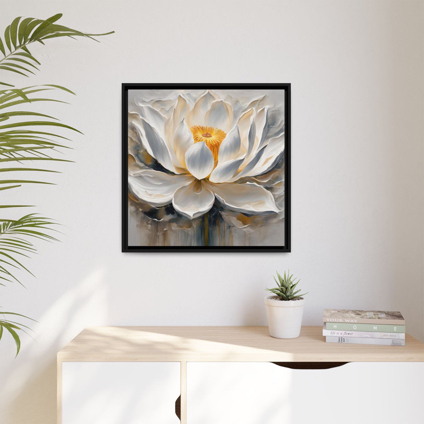 Modern Abstract Floral Design Unique Framed Canvas Wall Art White Lotus Gift Nature Lover Gift Garden Lover Gift 3 frame colors