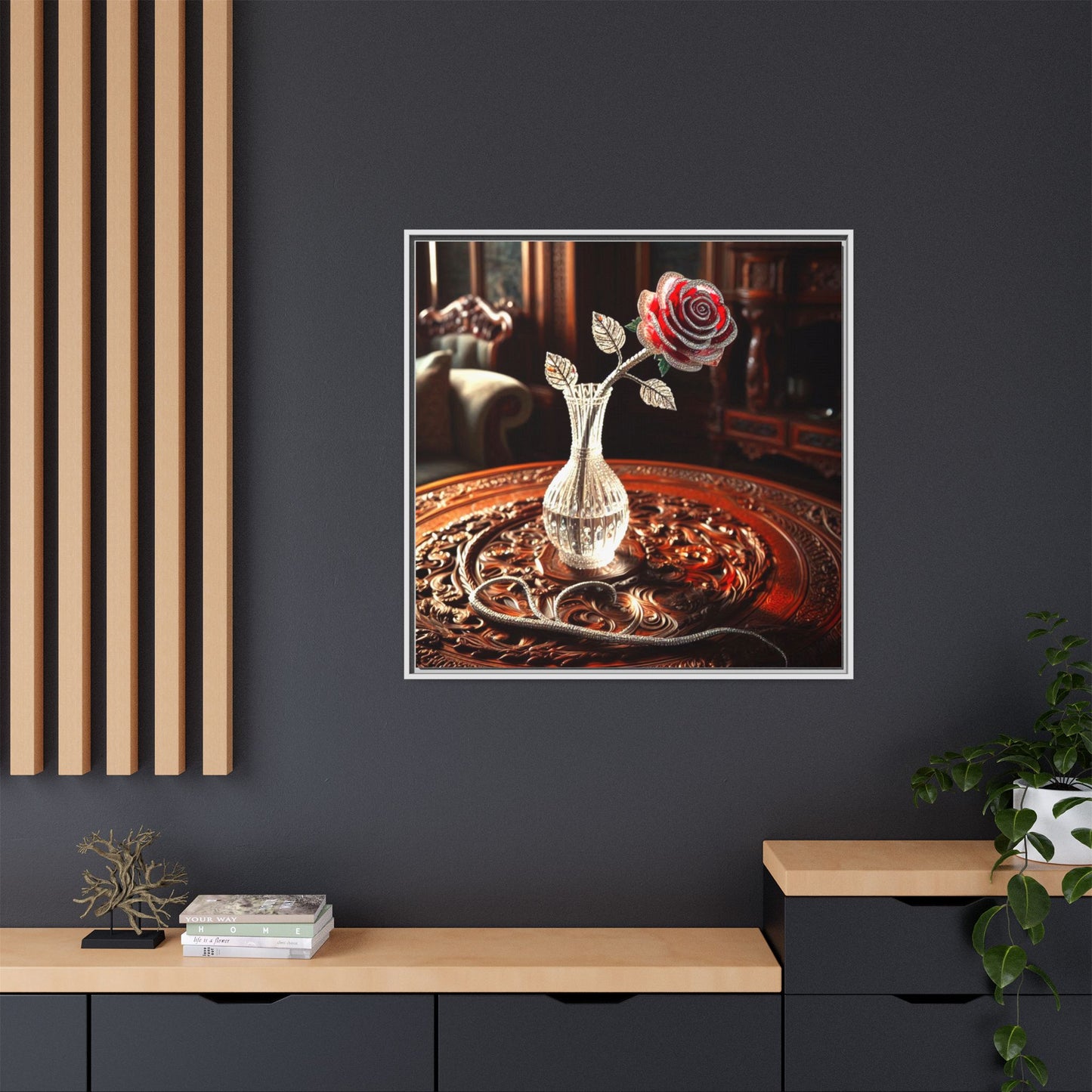 Bejeweled Red Rose Framed Canvas Print Wall Art Unique Fashion Designer Haute Couture Fashionista Flower Lover Gift Decor 3 Frame Colors
