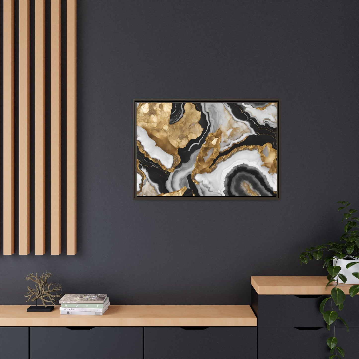Black White and Gold Quartz Crystal Geode Design Print Matte Canvas Wall Art Nature Lover Gift Geology Rock Lover Gift 3 frame color choices