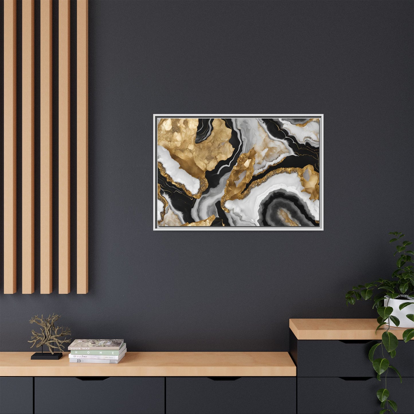 Black White and Gold Quartz Crystal Geode Design Print Matte Canvas Wall Art Nature Lover Gift Geology Rock Lover Gift 3 frame color choices