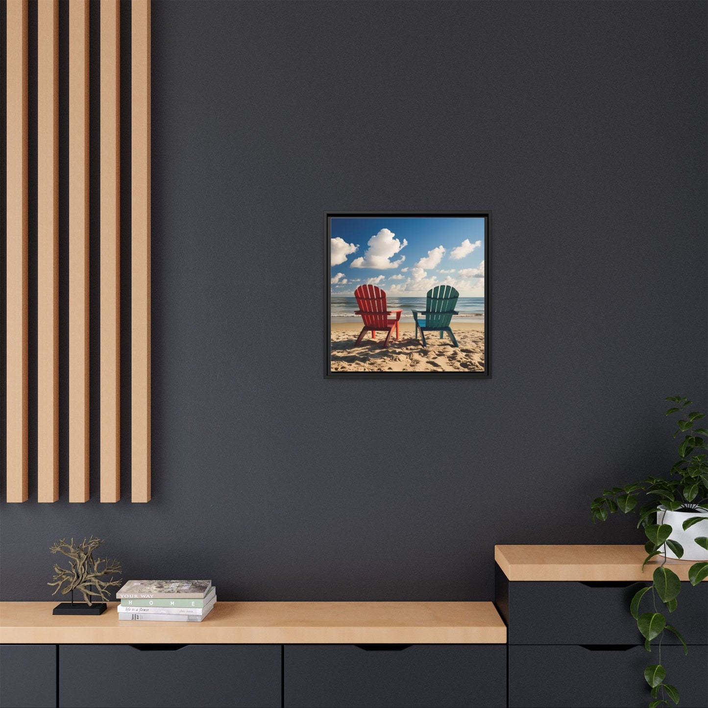 Chairs on the Beach Calm Sunny Day Framed Canvas Wall Art Beach Lover Vacation Oceanic Gift Nature Lover Peaceful Zen Gift 3 frame colors