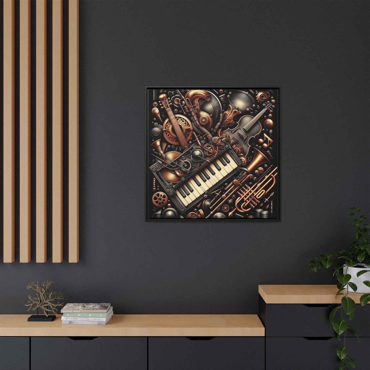Modern Music-Themed Steampunk Style Print Abstract Design Unique Framed Canvas Print Wall Art Music Lover Gift Decor 3 frame colors