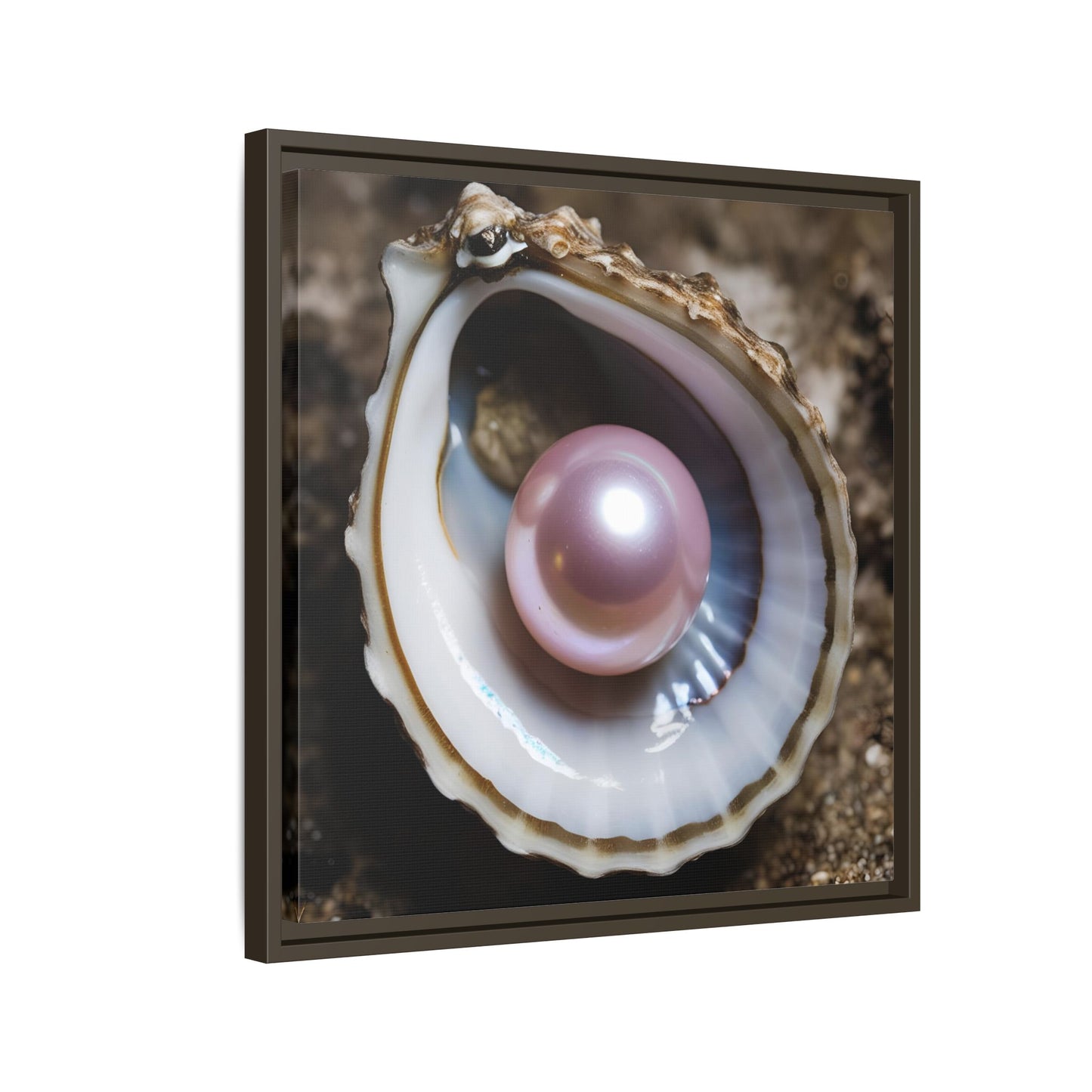 Pink Pearl in Oyster Shell Framed Canvas Wall Art Beach Lover Vacation Oceanic Gift Nature Lover Peaceful Zen Gift 3 frame colors