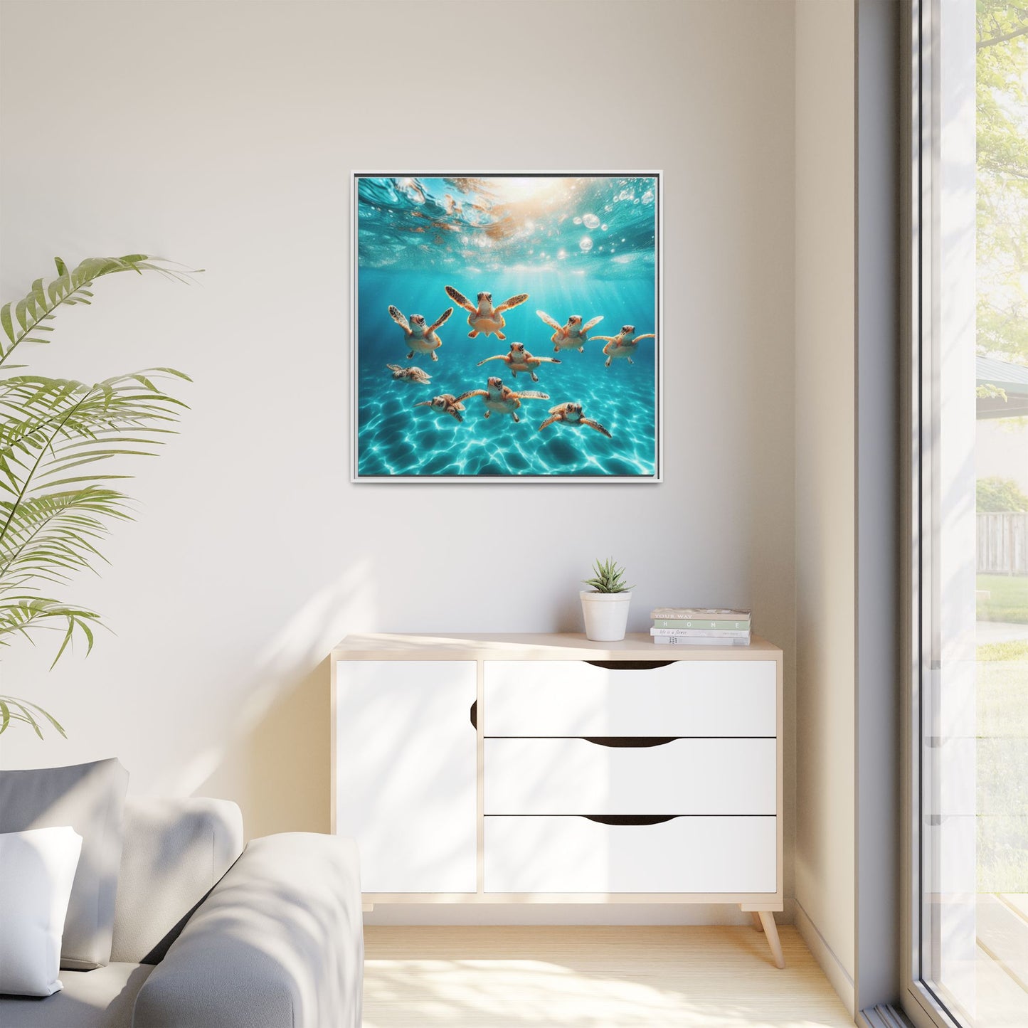 Baby Sea Turtles Out for a Swim Framed Canvas Wall Art Beach Lover Vacation Oceanic Gift Nature Lover Peaceful Zen Gift 3 frame colors