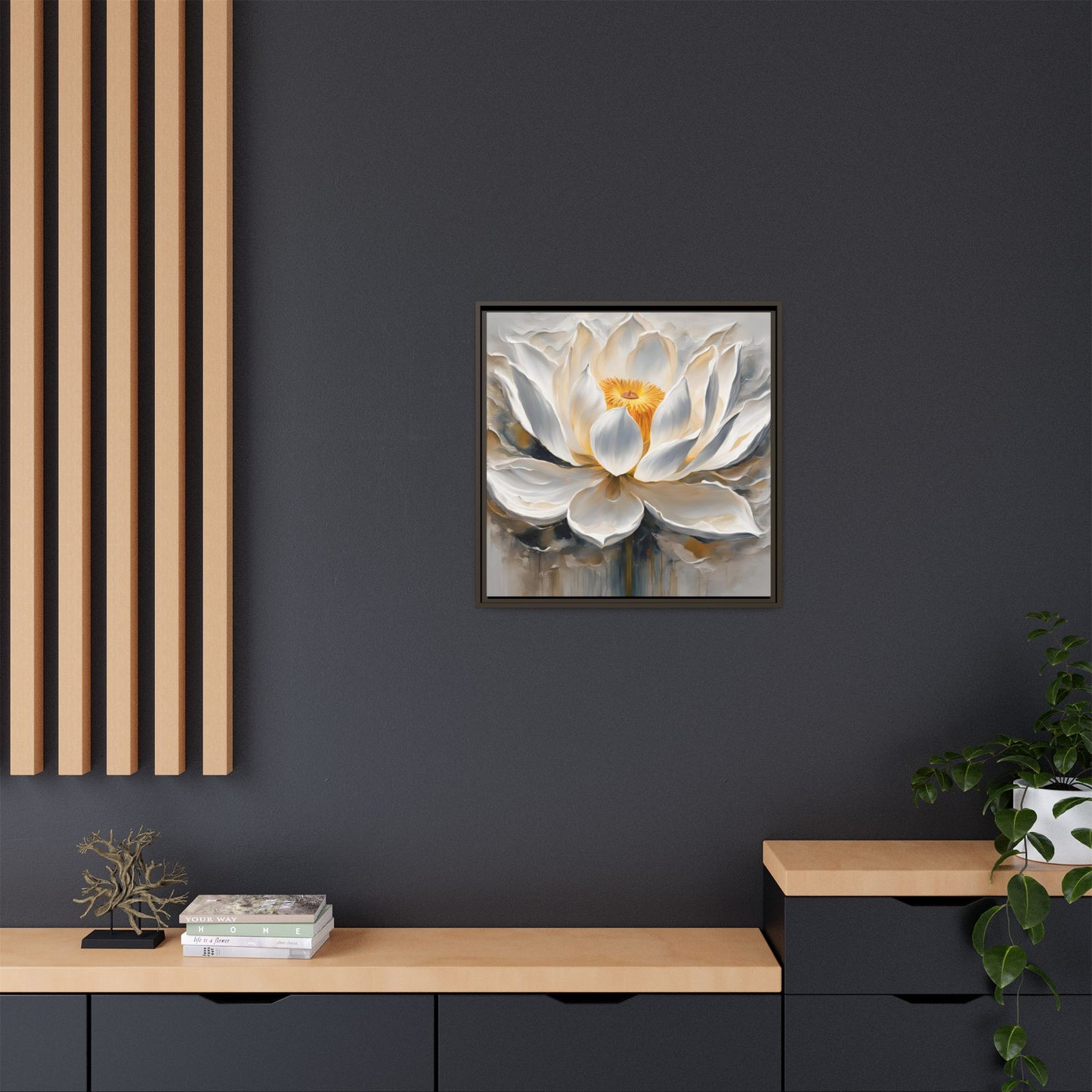 Modern Abstract Floral Design Unique Framed Canvas Wall Art White Lotus Gift Nature Lover Gift Garden Lover Gift 3 frame colors
