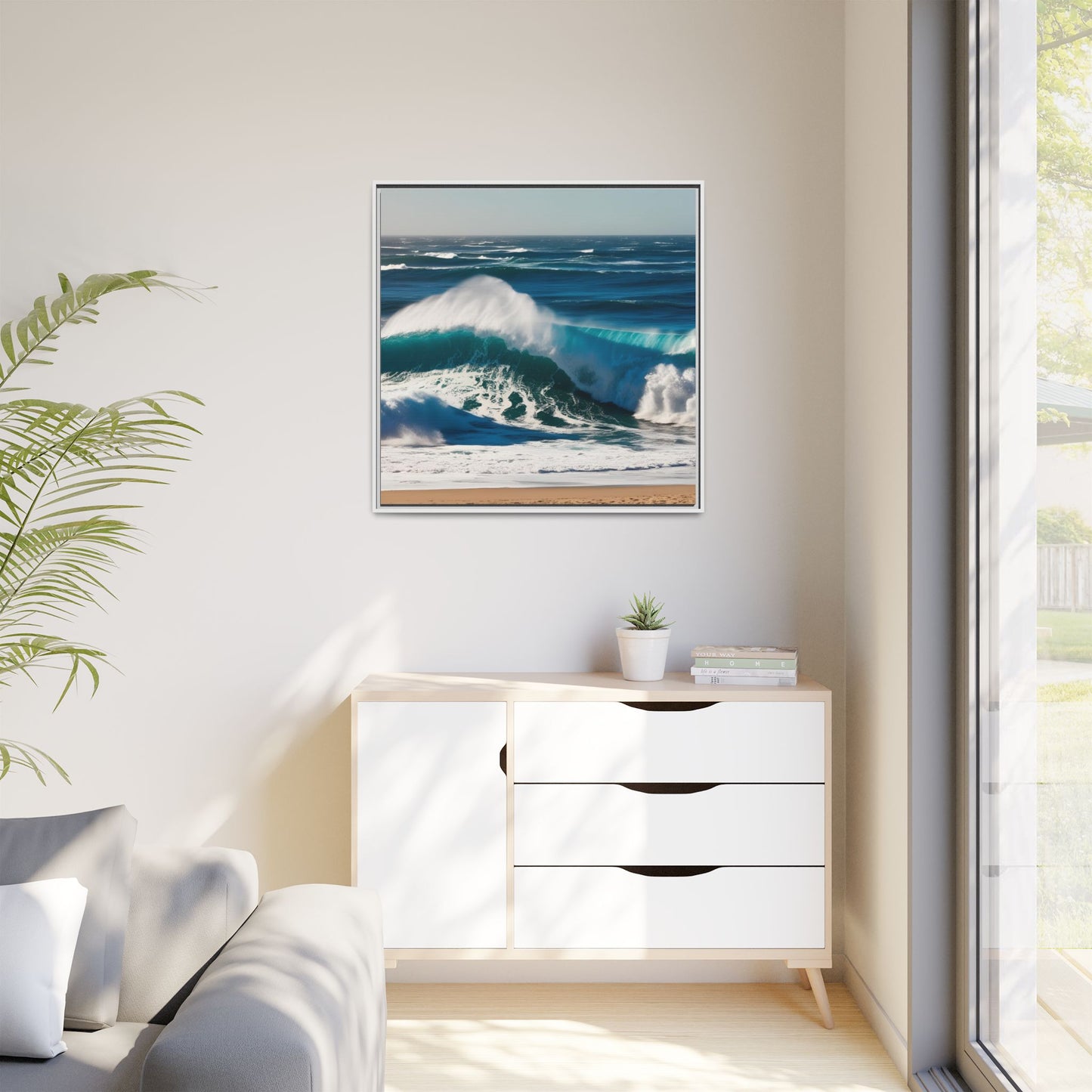 Peaceful Ocean Waves at the Beach Calm Sunny Day Framed Canvas Wall Art Vacation Oceanic Gift Nature Lover Zen Decor Gift 3 frame colors