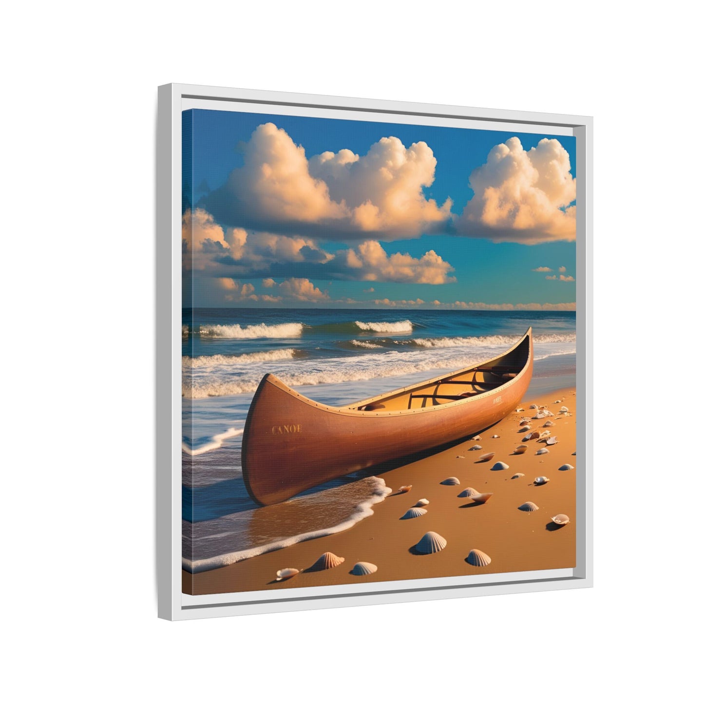 Canoe on the Beach Calm Sunny Day Framed Canvas Wall Art Beach Lover Vacation Oceanic Gift Nature Lover Peaceful Zen Gift 3 frame colors