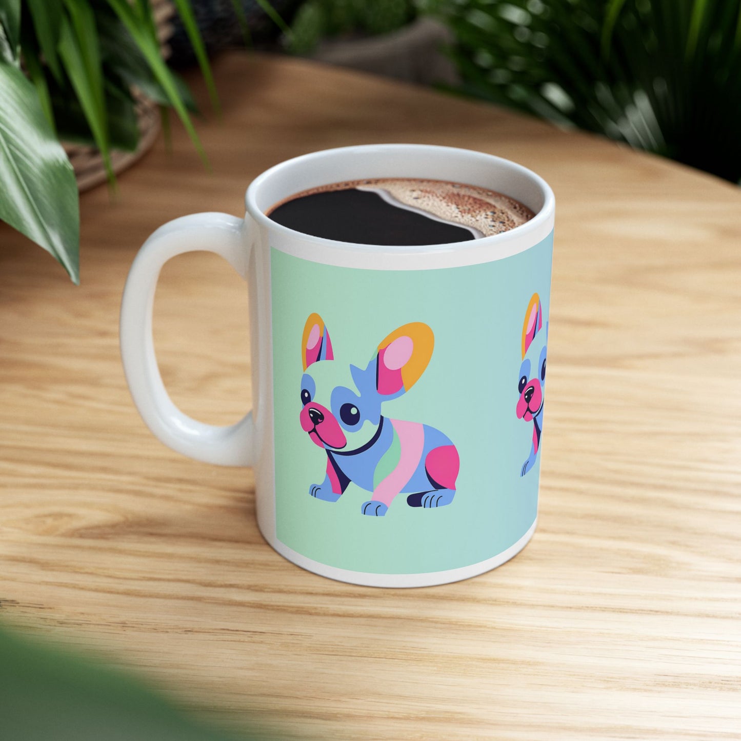 Cute Frenchie Puppy Baby Blue and Mint Green Ceramic Coffee Tea or Hot Chocolate Mug Pet Lover Gift
